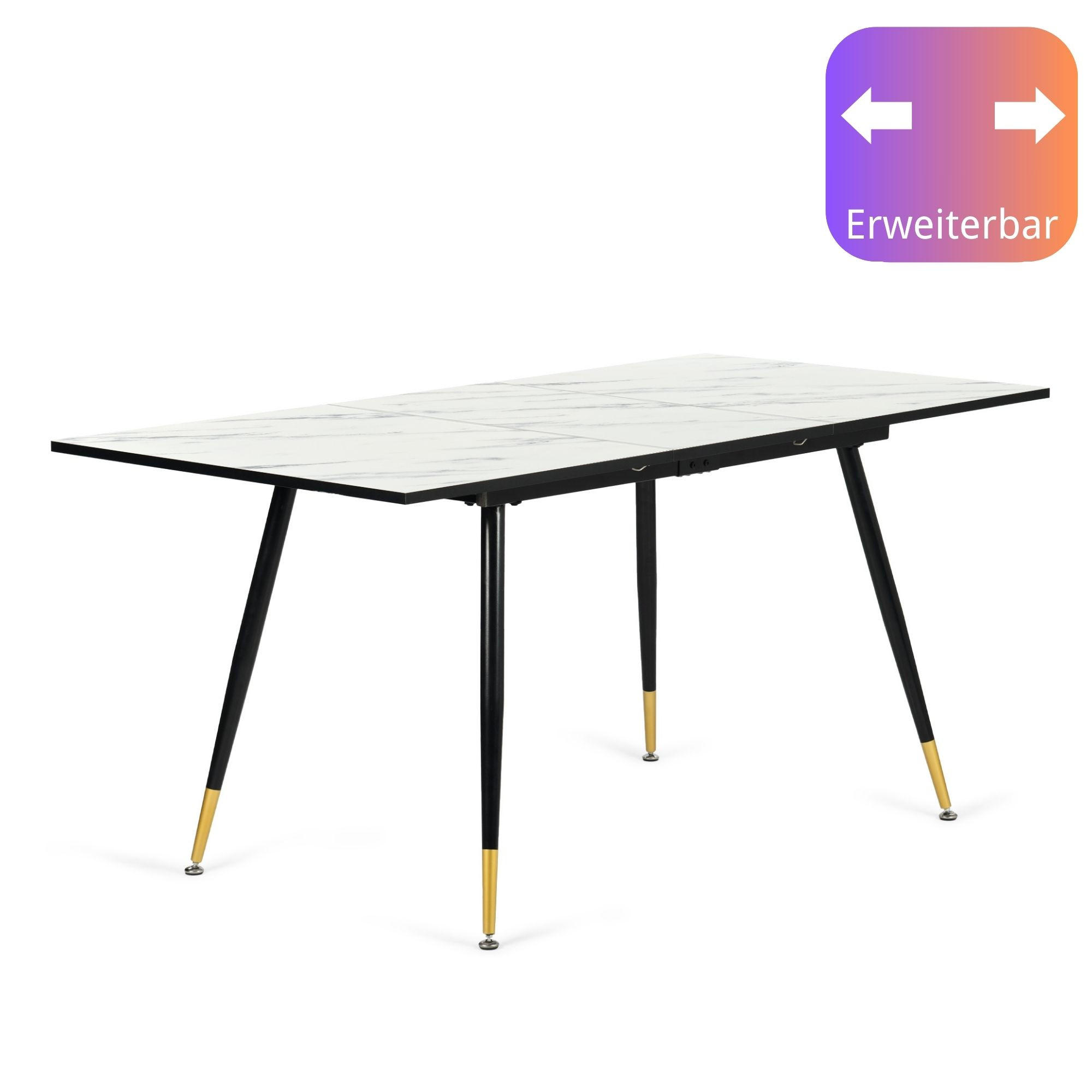 ESSTISCH Weiß Marmormuster rechteckig ausziehbar 120-160/80/75cm - Goldfarben/Schwarz, Holz/Metall (80/120/75cm) - Urban Meuble