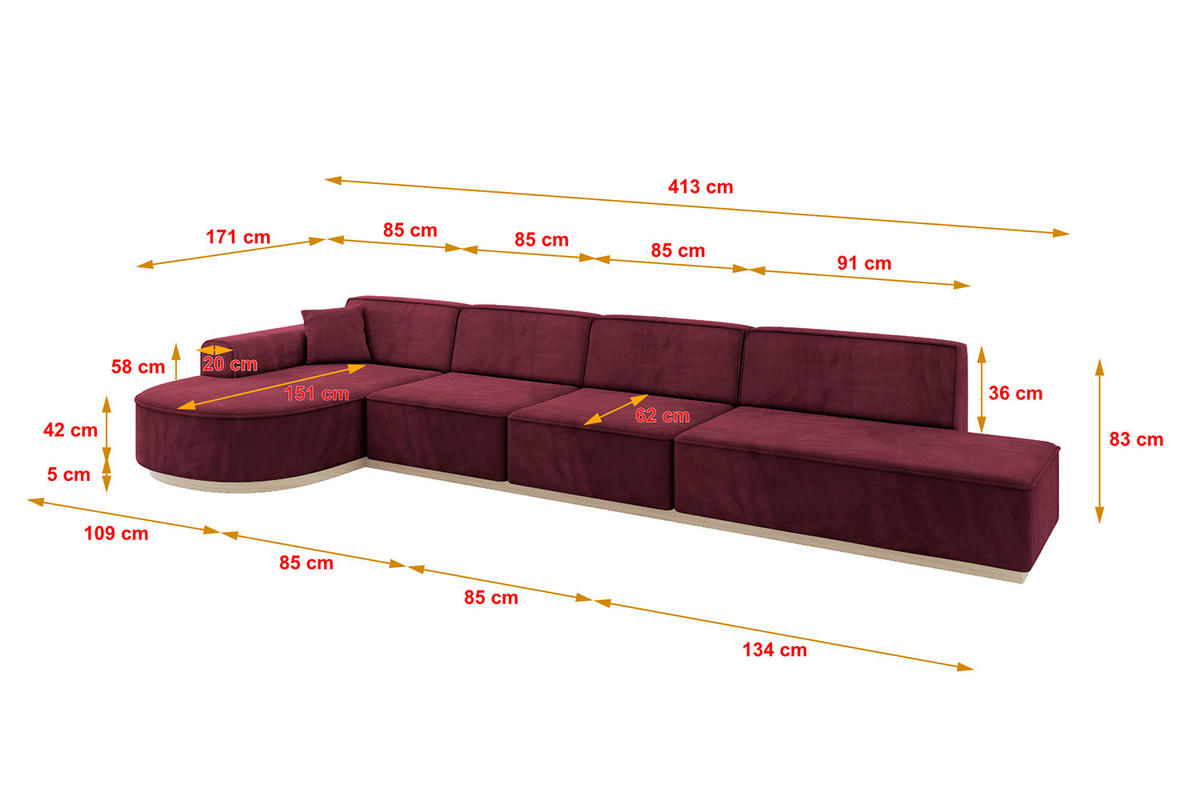 ECKSOFA Ottomane Links ARRIO-L3 - 413x171x83 cm Bordeauxrot - Bordeaux, Holzwerkstoff/Textil (413/171cm) - ALTDECOR
