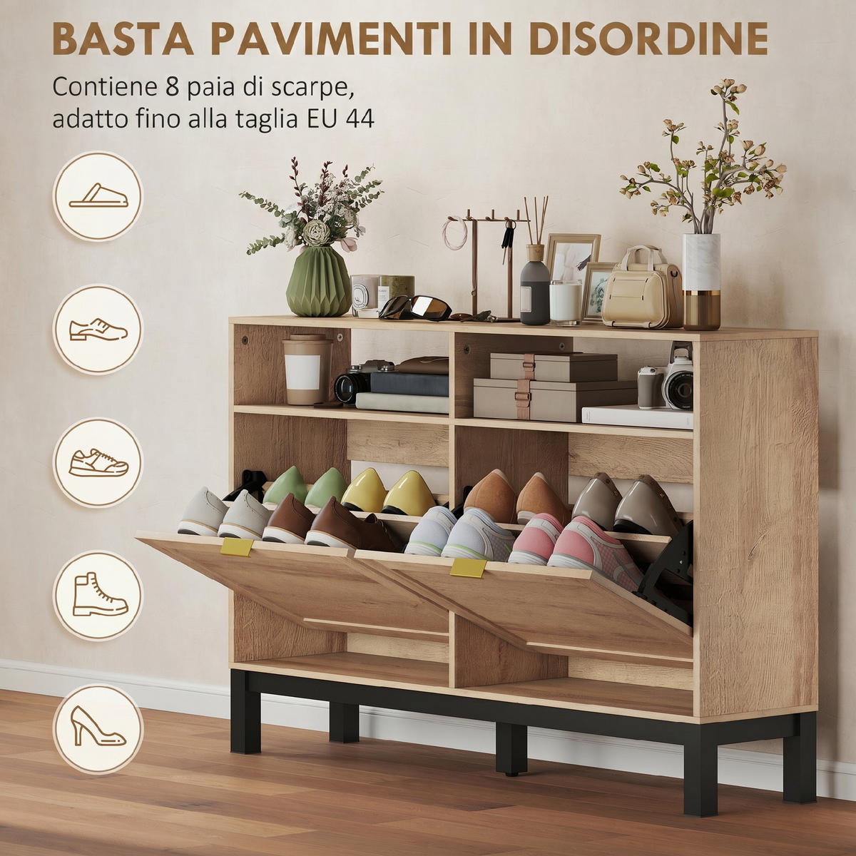 SCHUHREGAL,2 Klapptüren verstellbare Böden für 8 Paar,walnussfarben - Braun, Holzwerkstoff (120/80/29cm) - Vallsero