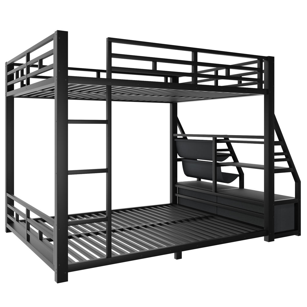 ETAGENBETT 140x200cm mit LED-Beleuchtung, mit 2 Stoffschubladen, Schwarz - Schwarz, Metall (140/200cm) - KOMHTOM