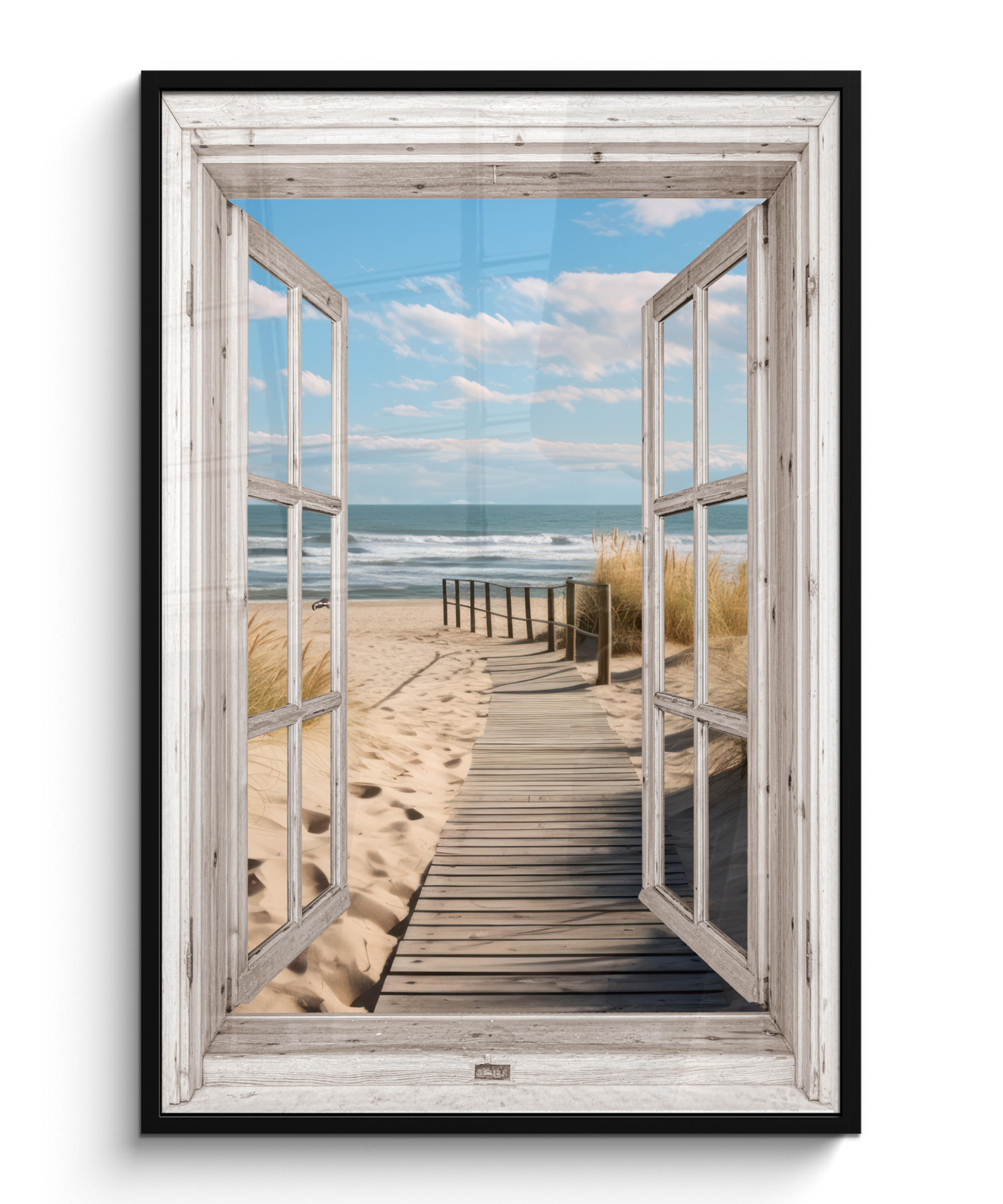 GERAHMTES BILD Fenster - Meer - Küste - Natur - Ausblick - Strand - Wattenmeer 80x120 cm - Beige, Papier (80/120cm) - MuchoWow