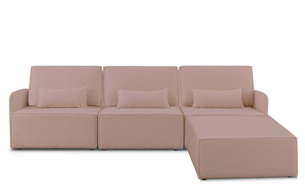 3-SITZER-SOFA Chaiselongue bezogen Bouclé und Kiefernholz Hellrosa LEA - Pink, Textil (278/87/90cm) - RNT By Really Nice Things