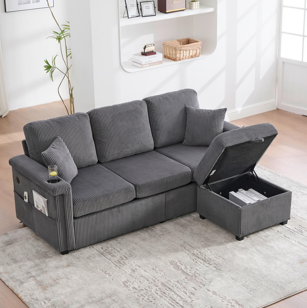 SOFA mit LED und USB/TYPE-C 194 x 73 x 81 cm Corduroy Dark Gray - Dunkelgrau, Kunststoff (194/81/73cm) - Meubliv