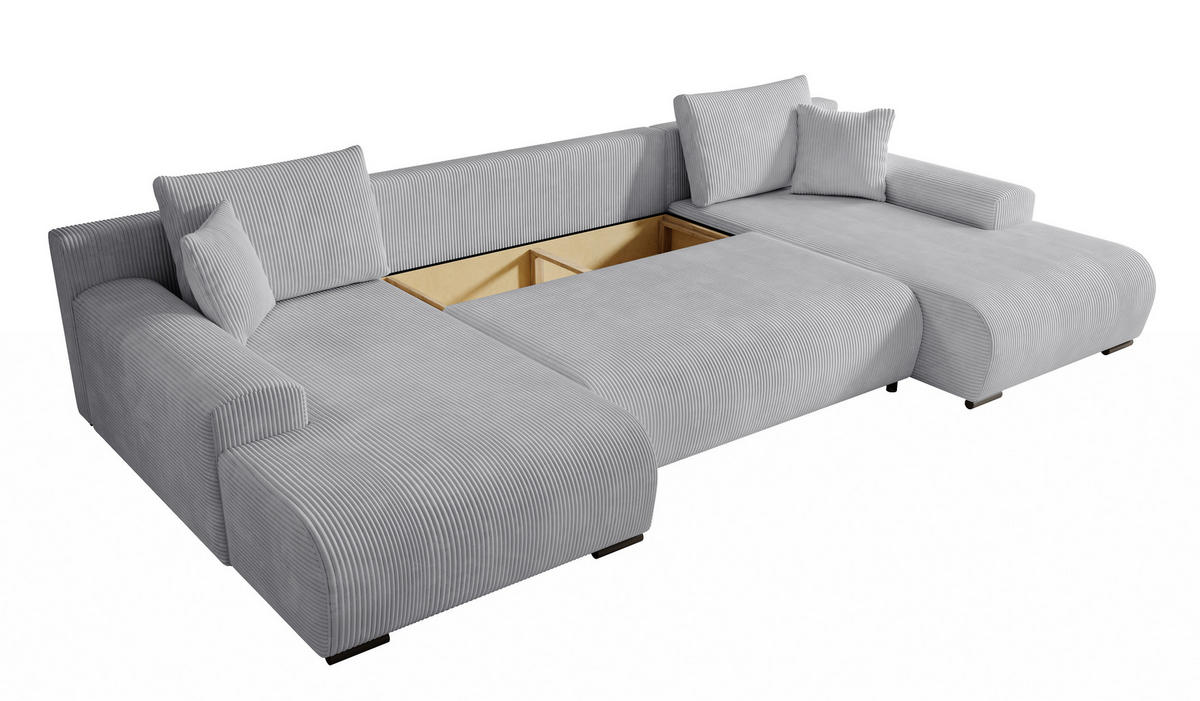 WOHNLANDSCHAFT Nelly U mit Bettkasten und Schlaffunktion, Cordstoff in U-Form - Grau, Textil (349/80/185cm)