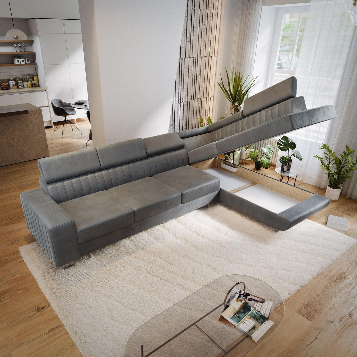 ECKSOFA HESTION Grau Velours-Stoff mit Schlaffunktion - Grau, Holz (332/190cm) - MASSENO