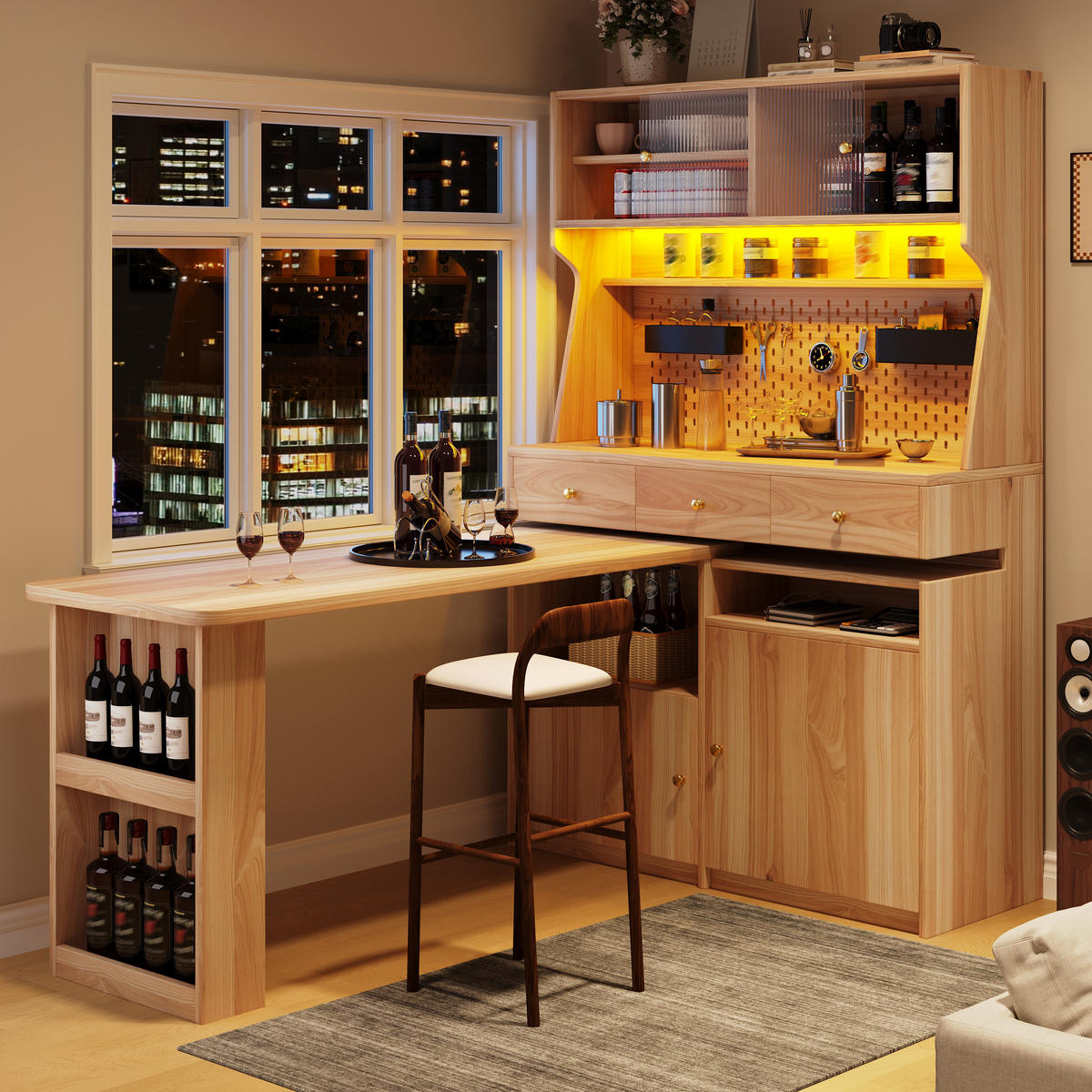 HIGHBOARD DE-38381 137/74/177 cm mit Schreibtisch und LED-Beleuchtung Naturbraun - Naturfarben, Holzwerkstoff (74/137/177.7cm) - ComfortXL