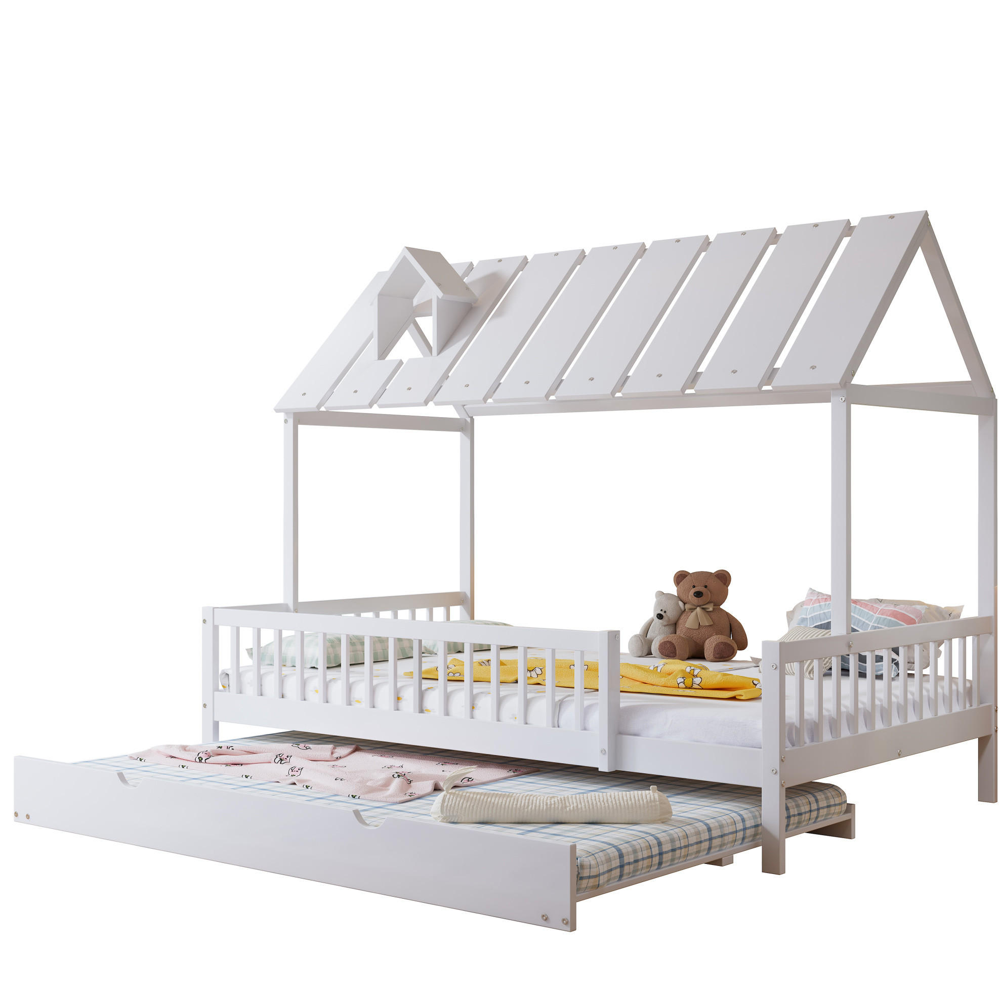 KINDERBETT 120/200 cm mit Rollbett, Dach und 3-seitigem Gitter, Weiß - Weiß, Holzwerkstoff (120/200cm) - Redom