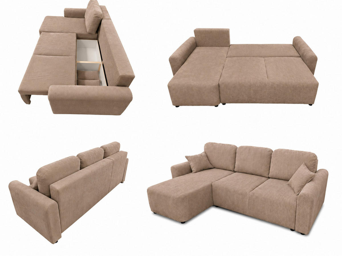 ECKSOFA HENRY in Cappuccinofarbe mit Schlaffunktion und Bettkasten - Cappuccino, Textil (232/150cm) - KS Home Concept