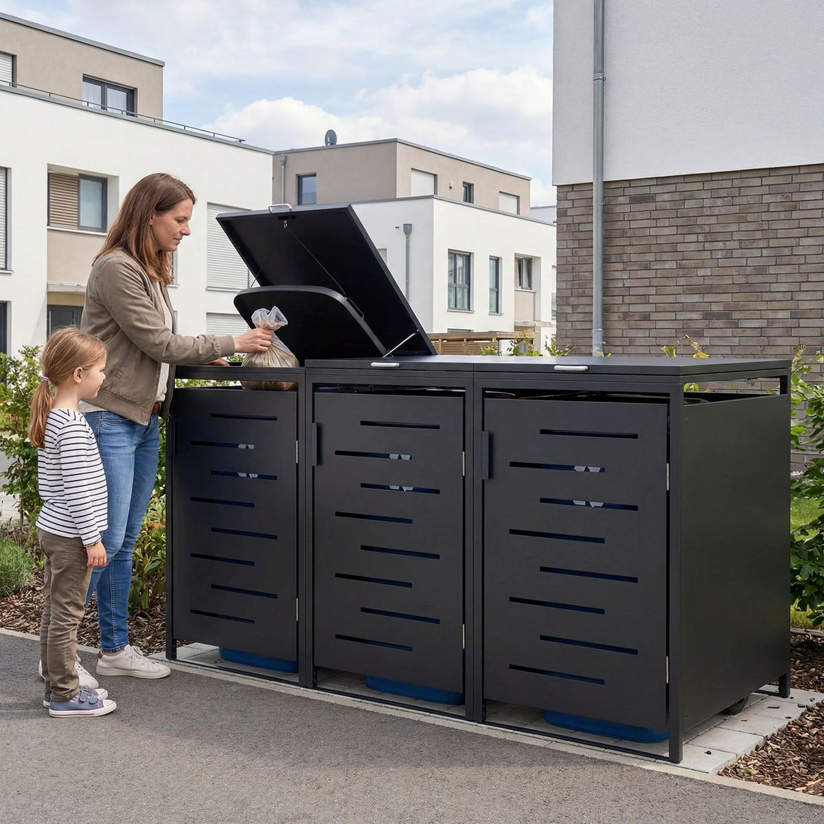 MÜLLTONNENBOX Arel 3er-Set - Anthrazit, Metall (204/120/80cm) - Juskys