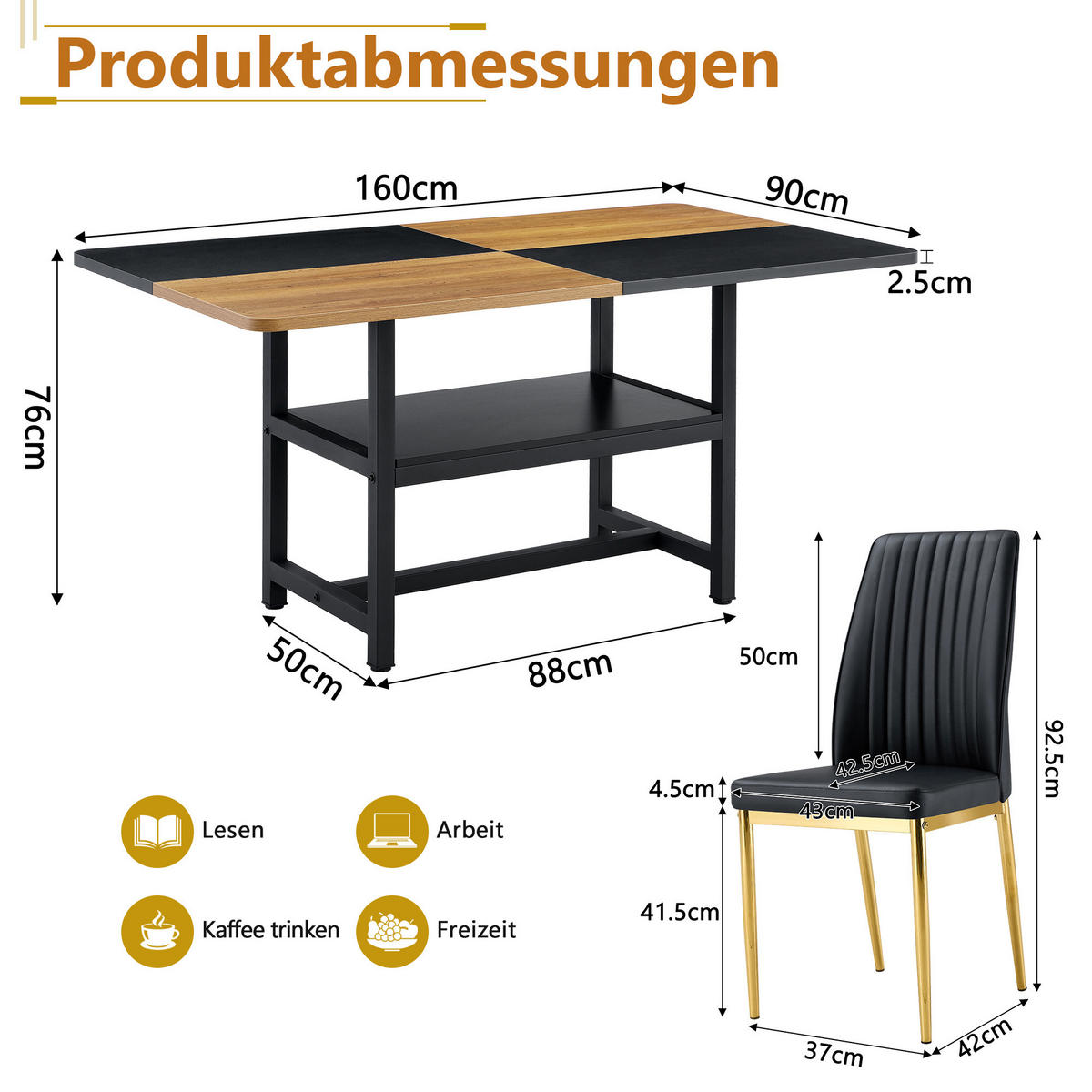 ESSGRUPPE DE-39342 5-teilig, mit Abstellregal und 4 PU-Sesseln Schwarz/Gold - Schwarz, Holzwerkstoff (160/76/90cm) - ComfortXL