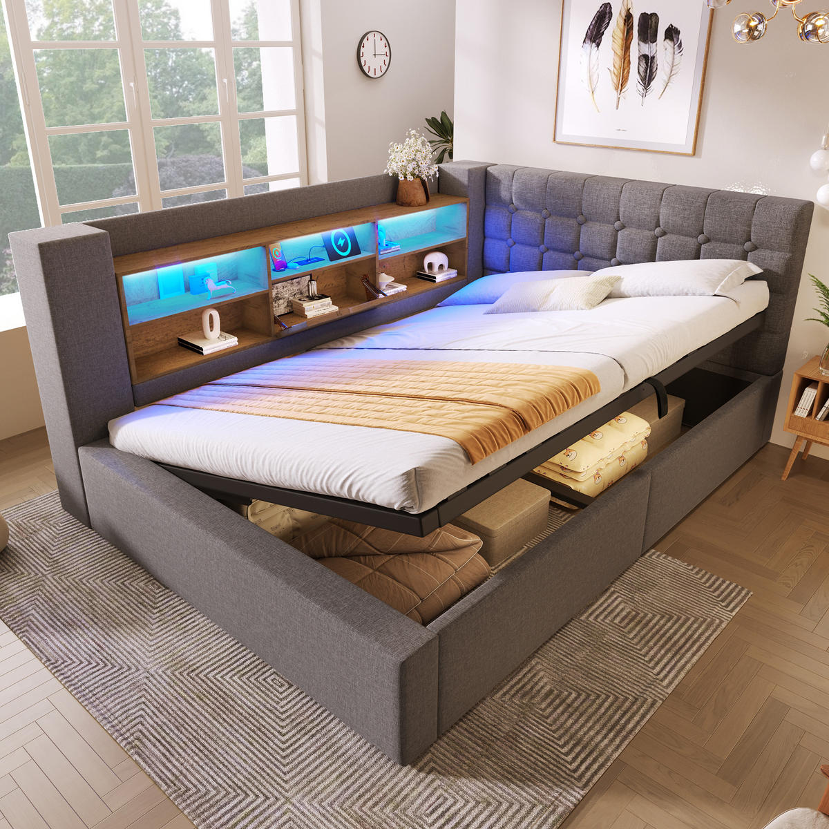 STAURAUMBETT 140/190 cm DE-00620, in Grau, LED-Beleuchtung und USB-Anschluss - Grau, Metall (140/190cm) - ComfortXL