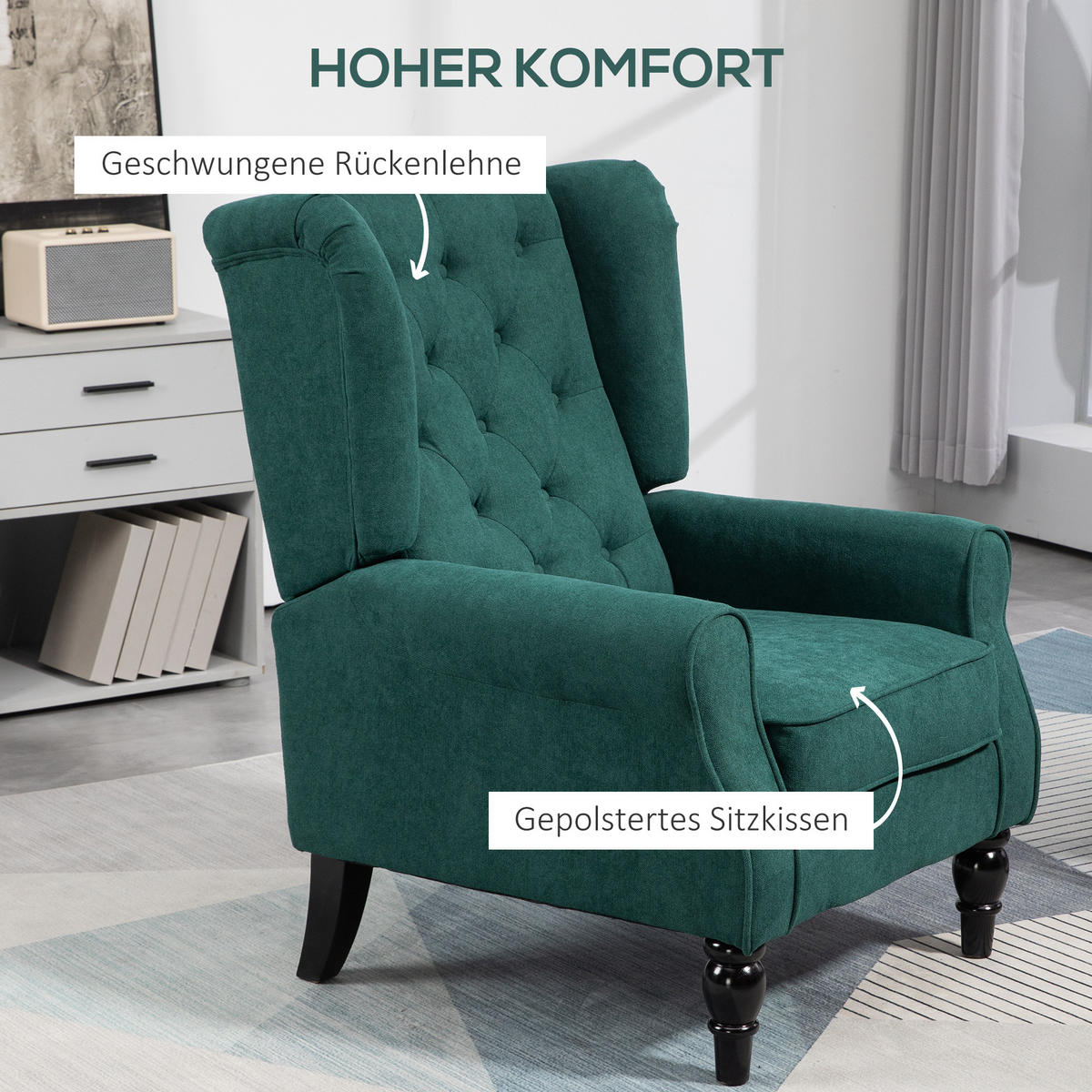 OHRENSESSEL Gepolstert Sessel mit Tufting, hoher Rückenlehne bis 160 kg - Smaragdgrün/Dunkelgrün, Holz/Textil (74/102/86cm) - HOMCOM