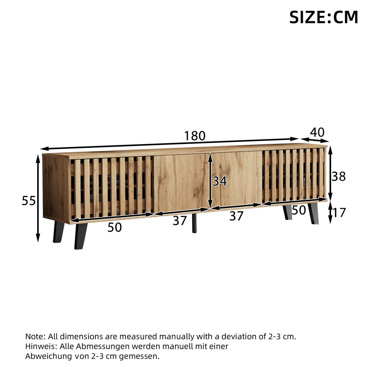 LOWBOARD TV-Schrank- und Sideboard-Set 180/40/55 und 150/40/95 cm aus Holzwerkstoff mit 14 Fächern Naturfarben - Hellbraun, Holzwerkstoff (180/55/40cm) - Modenvie