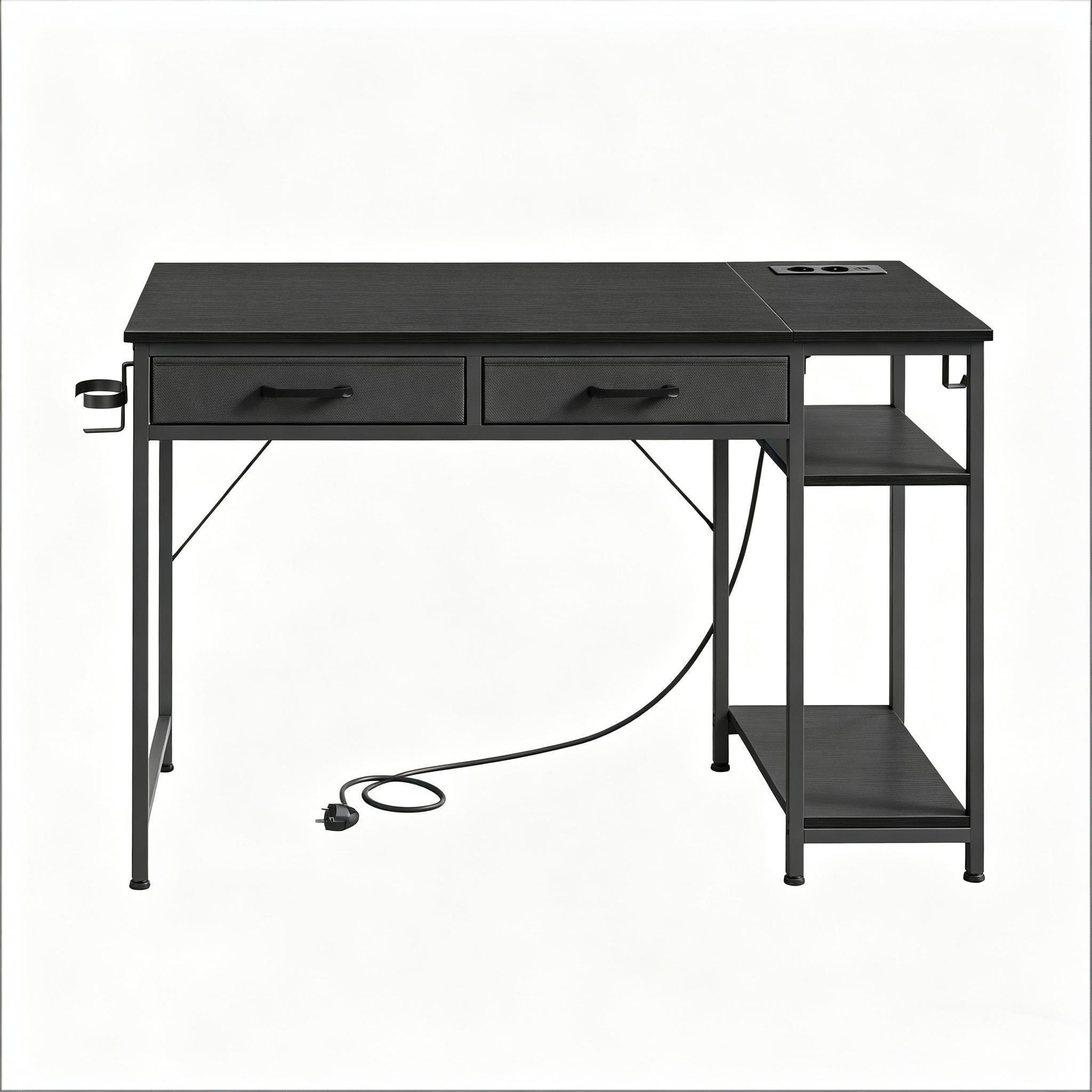 GAMINGTISCH Schwarz 120/51/75 cm mit Stromanschluss USB Typ-C und Stoffschubladen - Schwarz, Holzwerkstoff (51/120/75cm) - PANGIVO