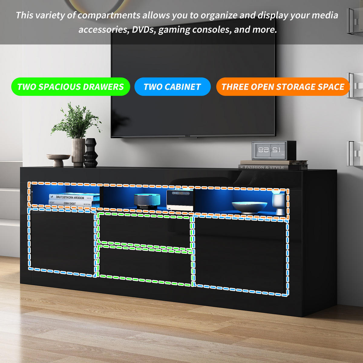TV-LOWBOARD Led Schwarz 160/35/60 cm - Schwarz, Holz (160/60/35cm) - PANGIVO