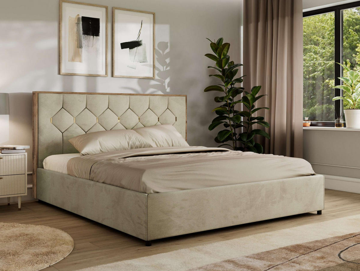 POLSTERBETT LARINO CLASSIC 160/200 - Beige Velvet - Schaum-Matratze - Beige, Textil (160/200cm) - MKS