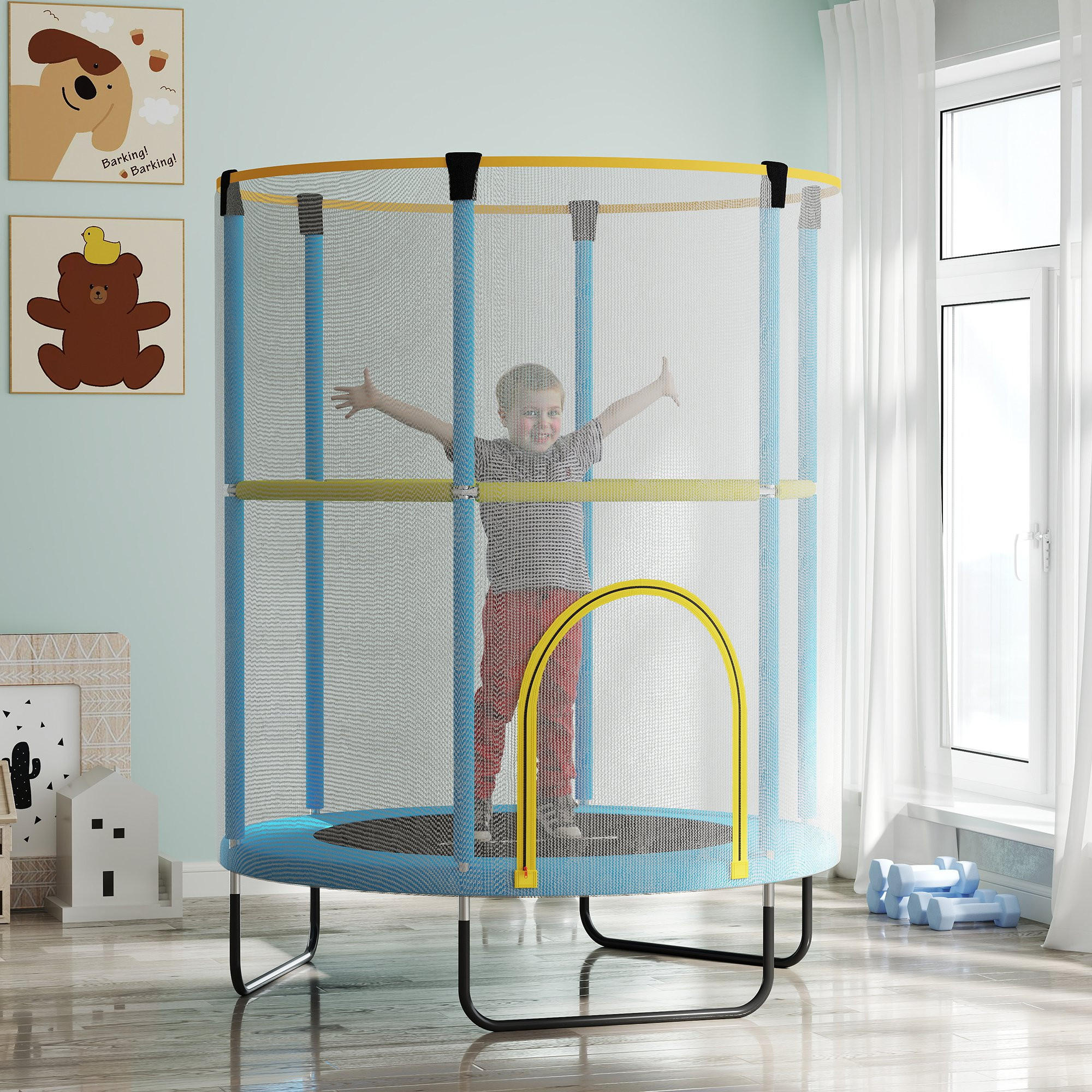 KINDER TRAMPOLIN, Blau+Gelb, Stahl, Kunststoff - Blau, Metall (140/140cm) - AIYAPLAY