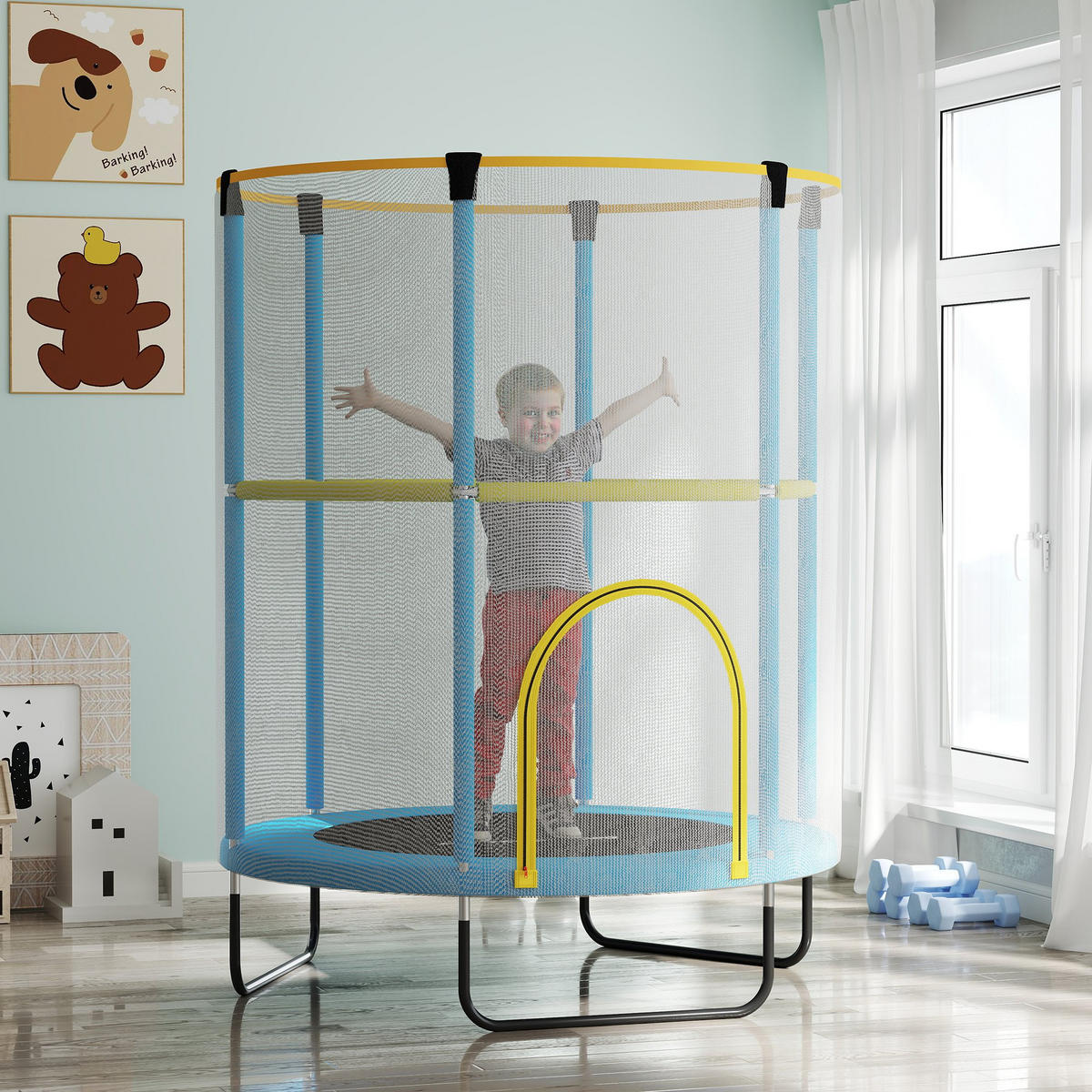 KINDER TRAMPOLIN, Blau+Gelb, Stahl, Kunststoff - Blau, Metall (140/140cm) - AIYAPLAY