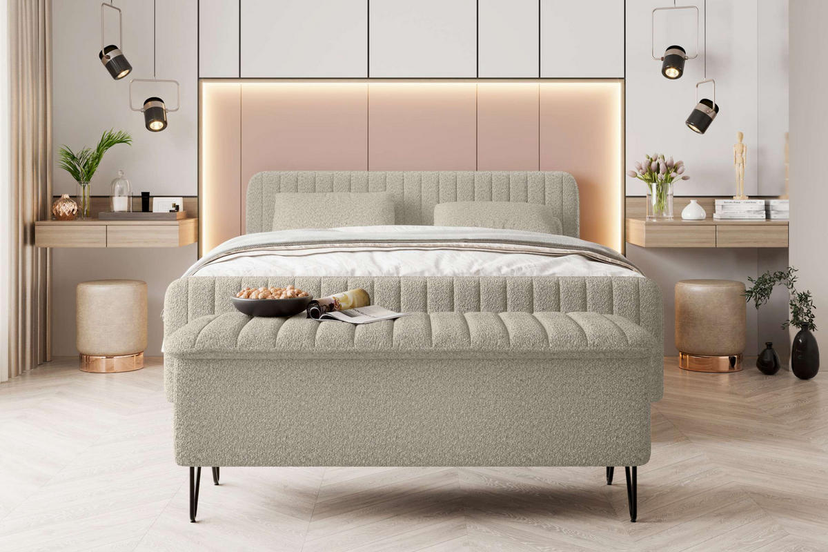 BOXSPRINGBETT LUCIO mit Hocker Bouclé-Stoff Creme 160/200 cm - Creme/Schwarz, Textil/Metall (160/200cm) - 99rooms
