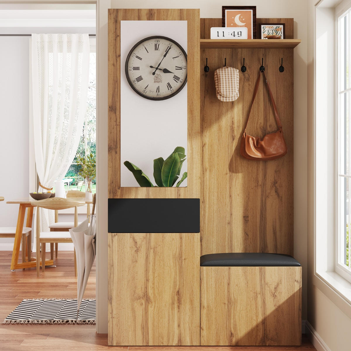 GARDEROBENSET 98,5/38/191 cm aus MDF mit Spiegel und Schuhschränken Schwarz/Natur - Schwarz, Holzwerkstoff (98.5/191/38cm) - Modenvie