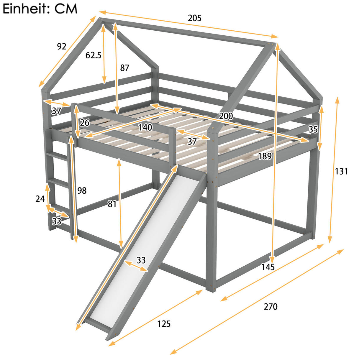 ETAGENBETT 140/200 cm mit Rutsche, Leiter und Hausdesign aus Kiefer , Grau - Grau, Holzwerkstoff (140/200cm) - Redom
