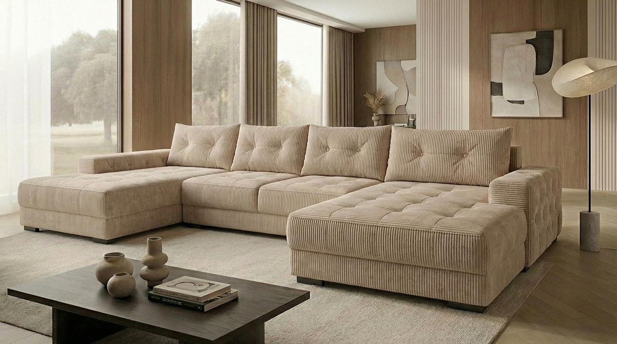 ECKSOFA MODENA 320 cm x 185 cm – Stoff: ZOOM 02 Farbe: Beige - Beige, Textil (320/185cm) - A&J MöbelLand