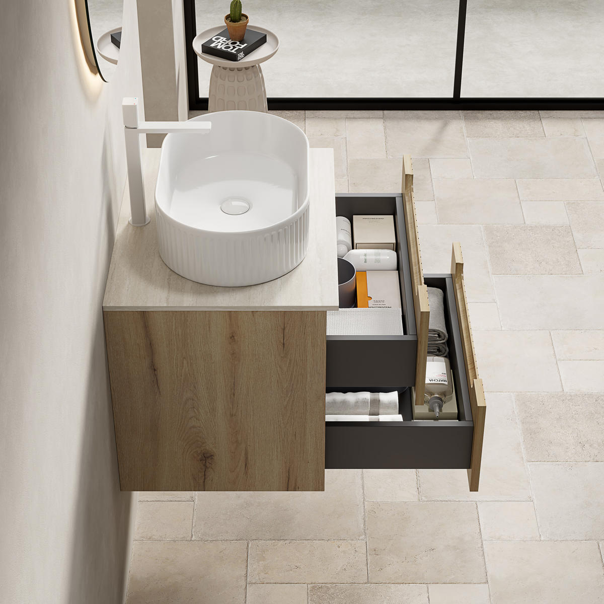 WASCHTISCHUNTERSCHRANK 60x46x62.2cm Weiß/Weißeiche mit ovalem Keramikbecken & 2 Schubladen - Eichefarben, Keramik (60/62.2/46cm) - Modfu