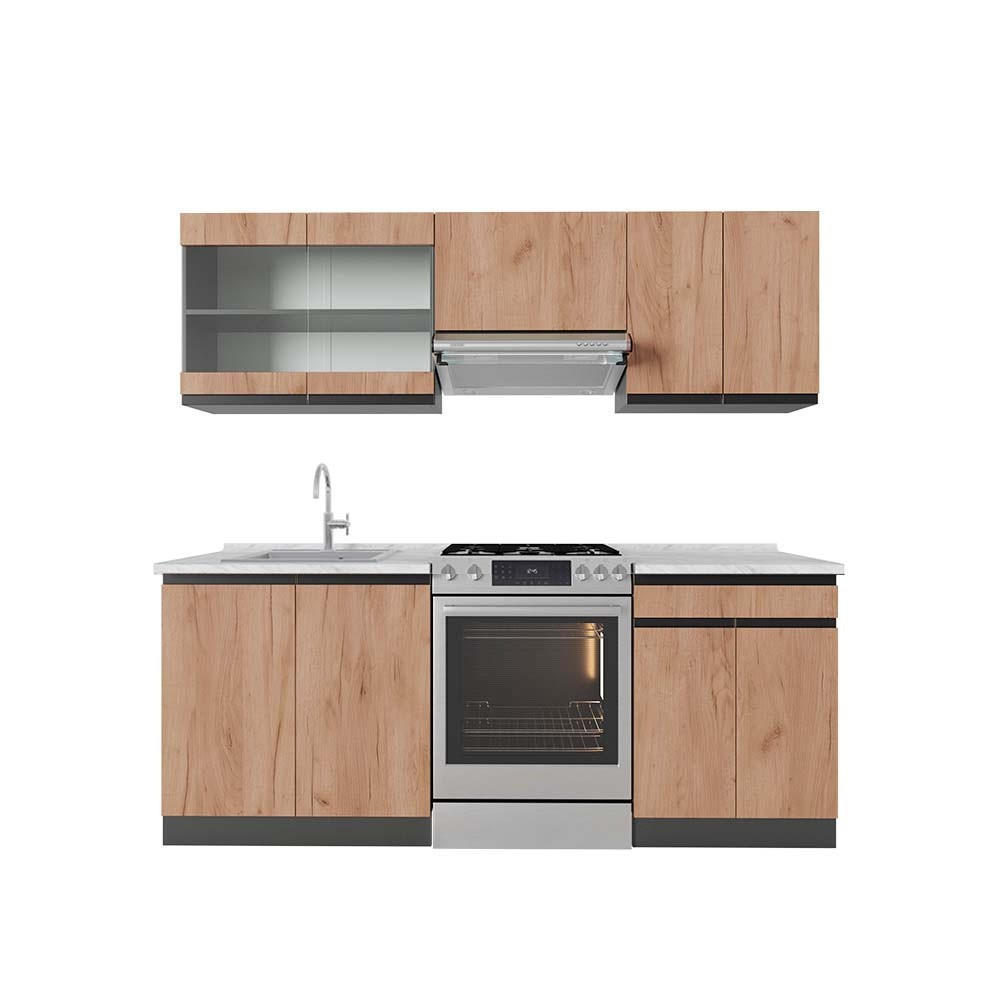 KÜCHENZEILE R-Line Goldkraft Eiche/Anthrazit 200 cm J-Shape, AP Marmor - Honigeiche/Anthrazit, Holzwerkstoff (200/81.6/60cm) - Vicco