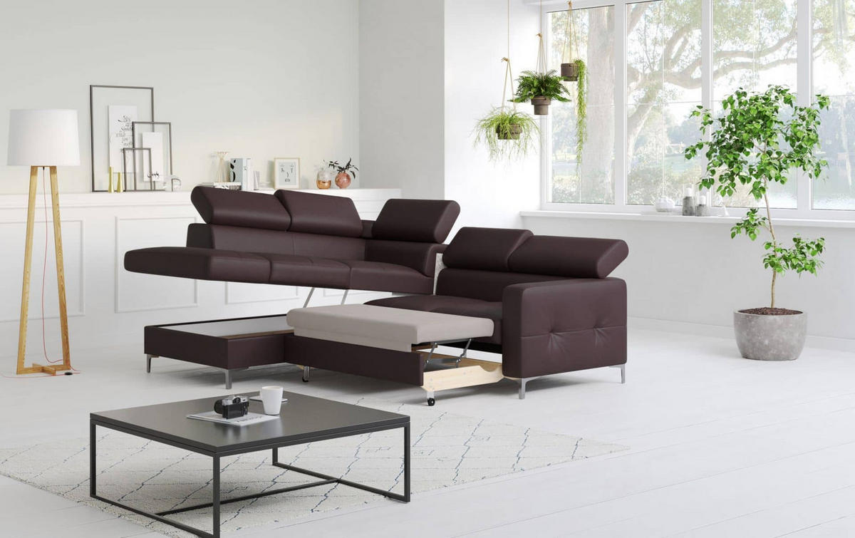 ECKSCHLAFSOFA aus Echtleder mit Schlaffunktion und Bettkasten - Chromfarben/Dunkelbraun, Leder/Holz (242/207cm) - Cotta