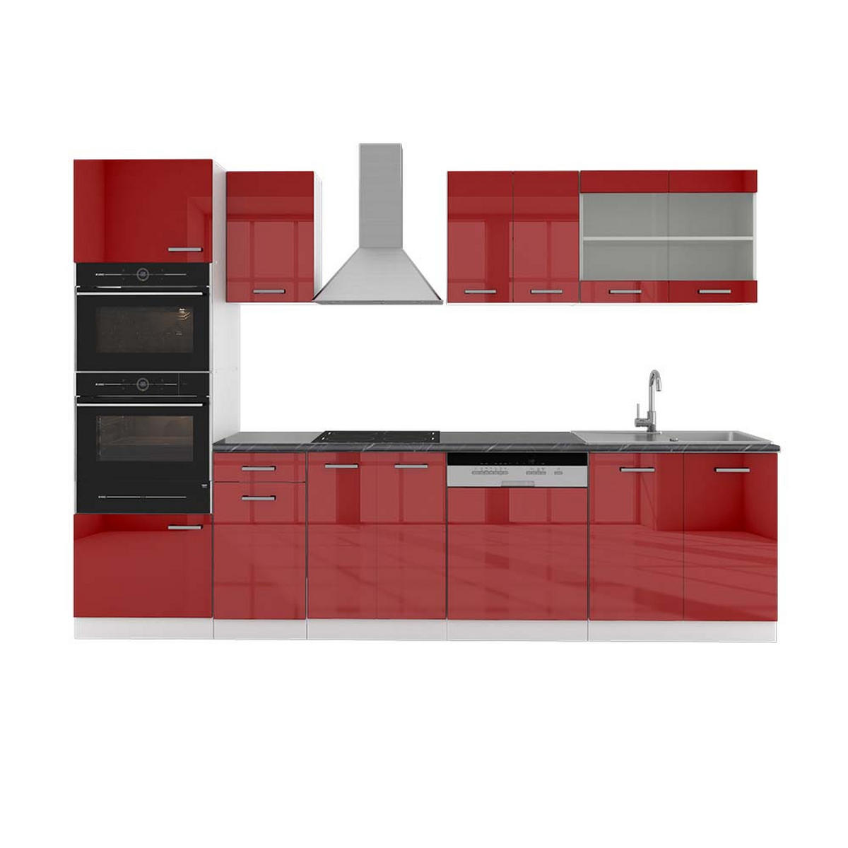 KÜCHENZEILE R-Line Rot Hochglanz/Weiß 300 cm mit Hochschrank, AP Anthrazit - Bordeaux/Rot, Holzwerkstoff (300/81.6/60cm) - Vicco