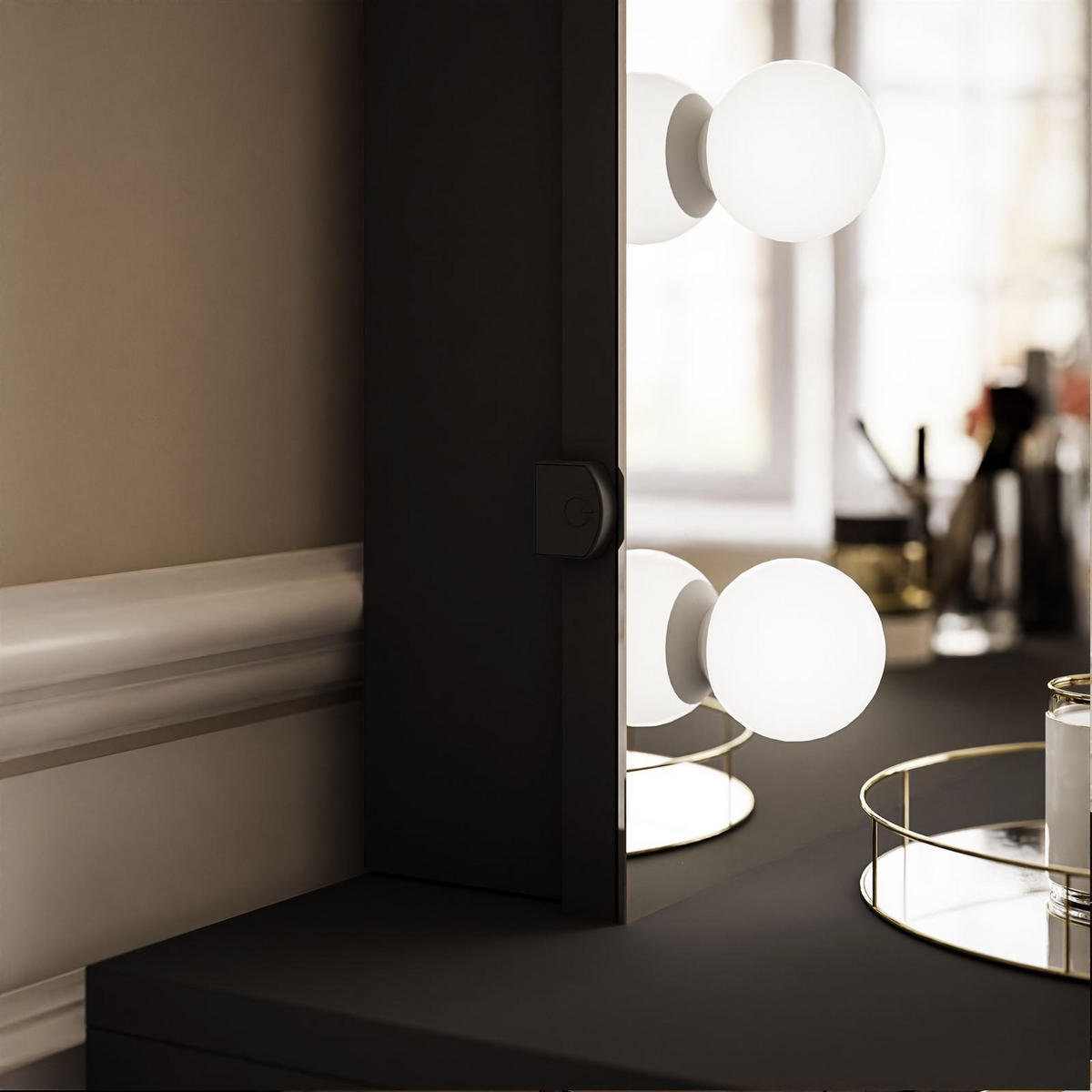 SCHMINKTISCH BLANCO GOLD ELITE mit Spiegel und Beleuchtung Schwarz Hochglanz Kristallgriff - Schwarz Hochglanz/Goldfarben, Holzwerkstoff (100/146/42cm) - Lookway