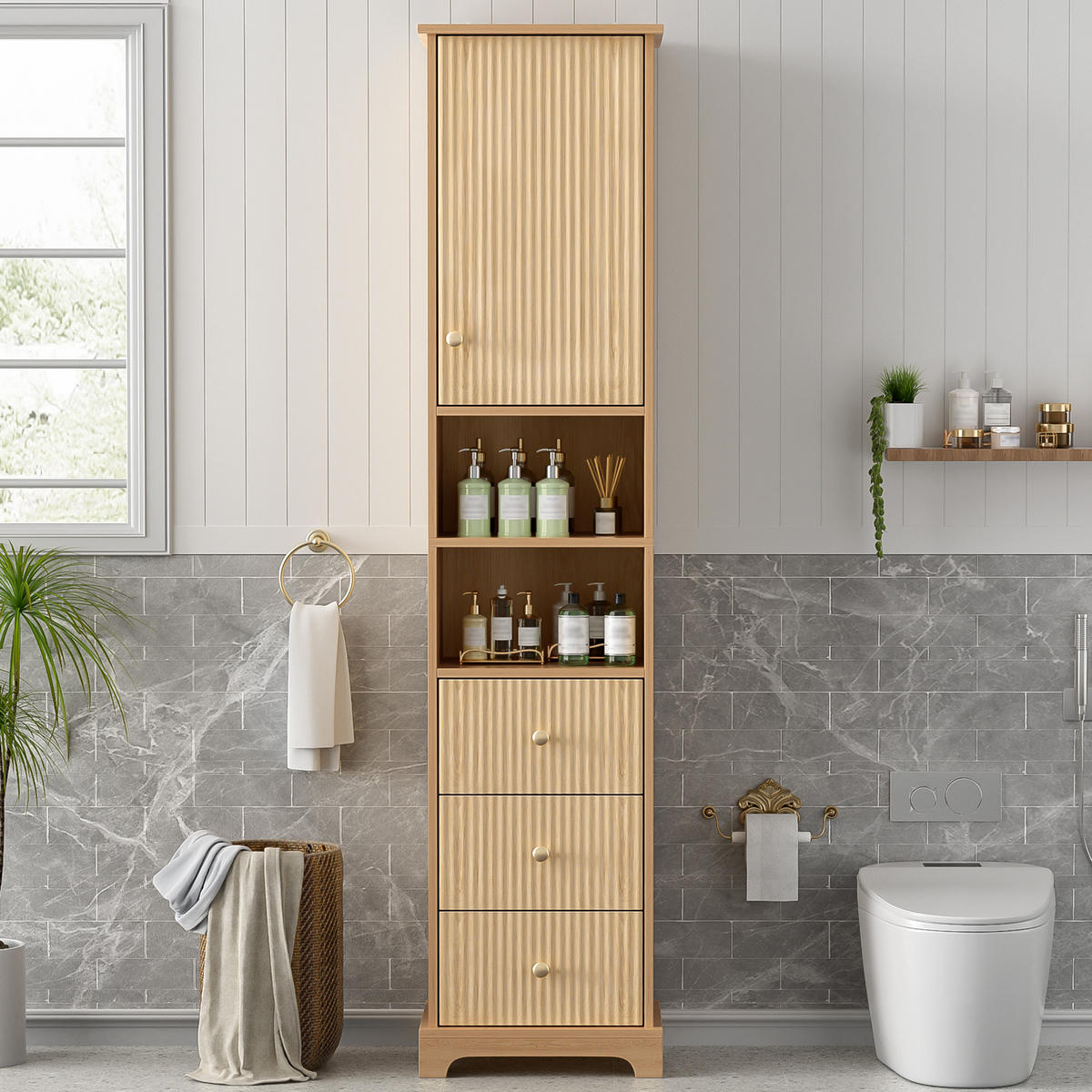 HOCHSCHRANK in Naturfarbe Badezimmerschrank mit Schubladen und Regalböden für Badezimmer, B40/T30/H172 cm - Naturfarben, Holzwerkstoff (40/172/30cm) - STILVORA