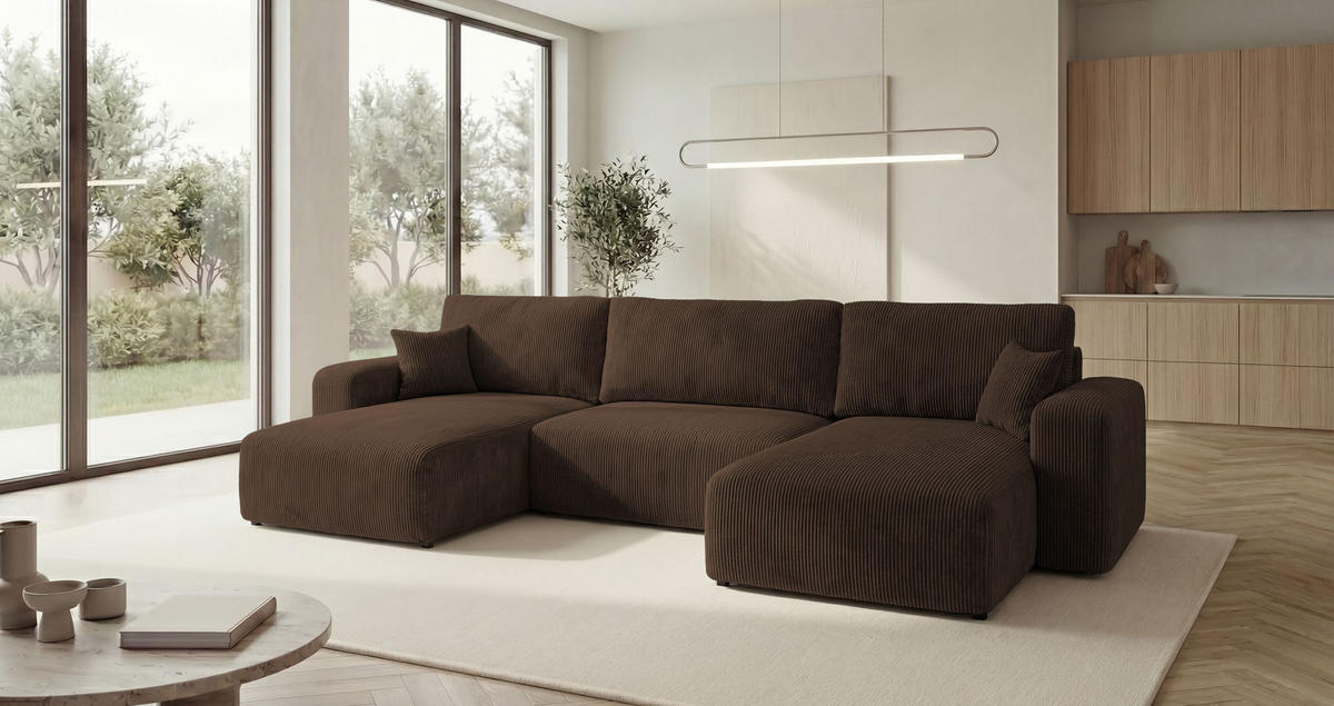 SEDACÍ souprava BERLIN tvar U hnědá manšestr Poso 6 - funkce spaní, úložný prostor - hnědá, textil (385/86/185cm) - Cornero