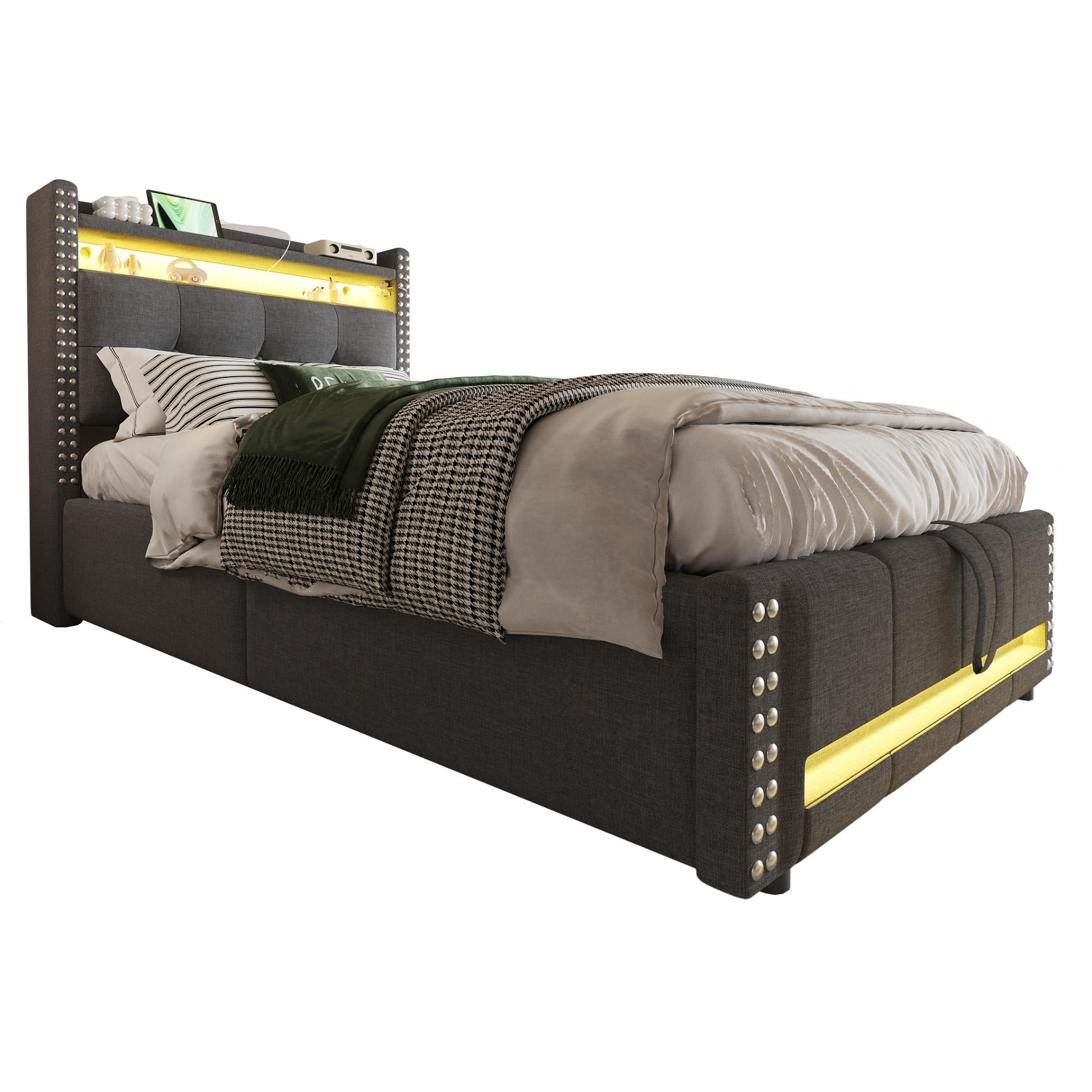WISHDOR DĚTSKÁ POSTEL 90 × 200 cm v šedém lnu s úložným prostorem, LED osvětlením, USB a policí