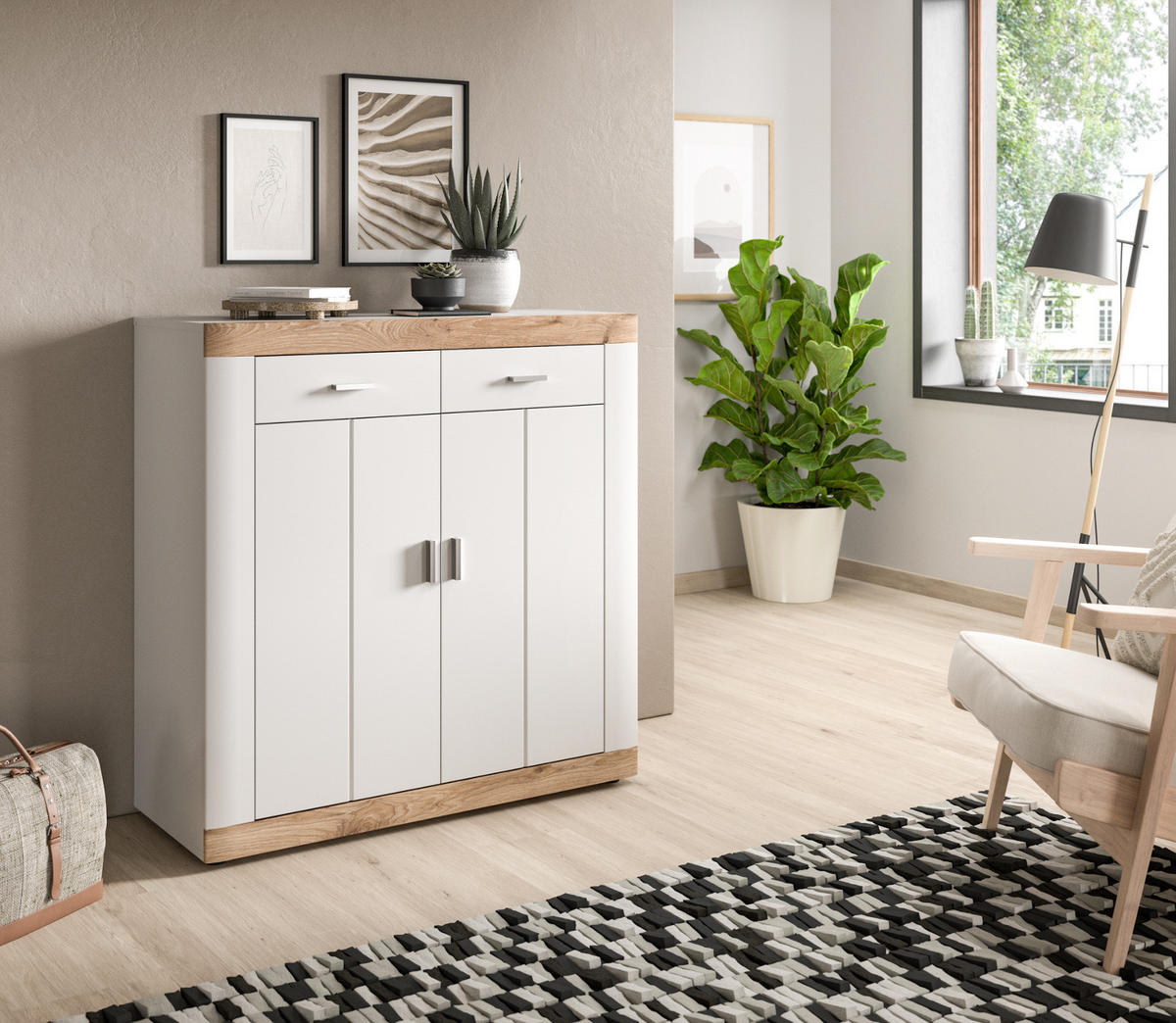 KOMMODE weiß, Eiche 100 cm, Sideboard mit Soft-Close - Eichefarben/Silberfarben, Holzwerkstoff/Kunststoff (101/104/40cm) - Inn.Furn