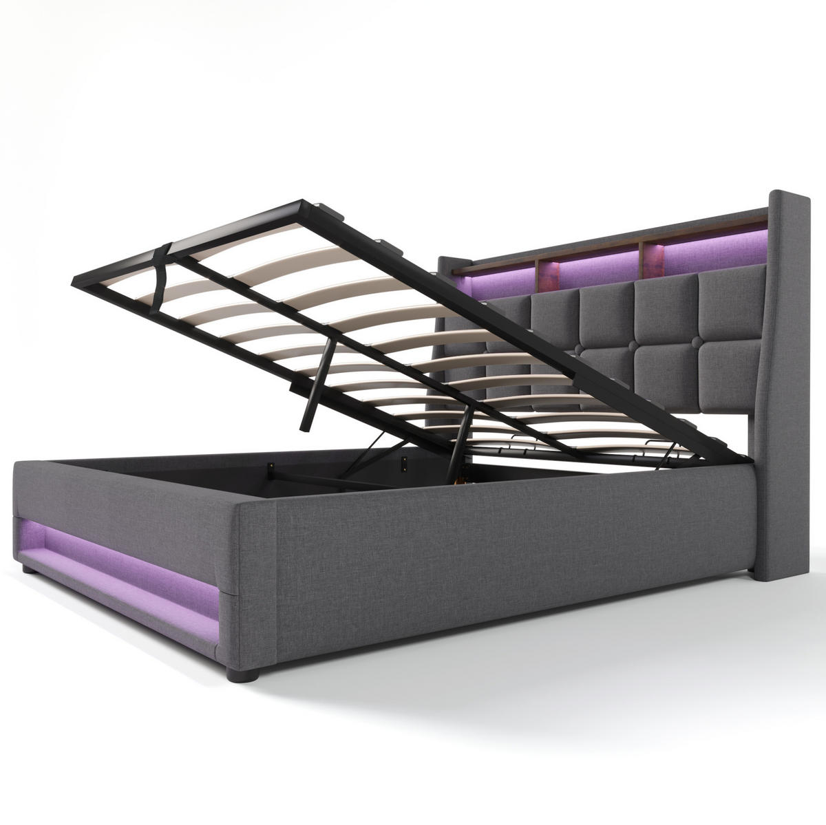 POLSTERBETT 180/200 cm mit LED-Beleuchtung, USB-Anschluss und Bettkasten aus Leinenstoff, Grau/Hellbeige - Grau, Textil (180/200cm) - Redom