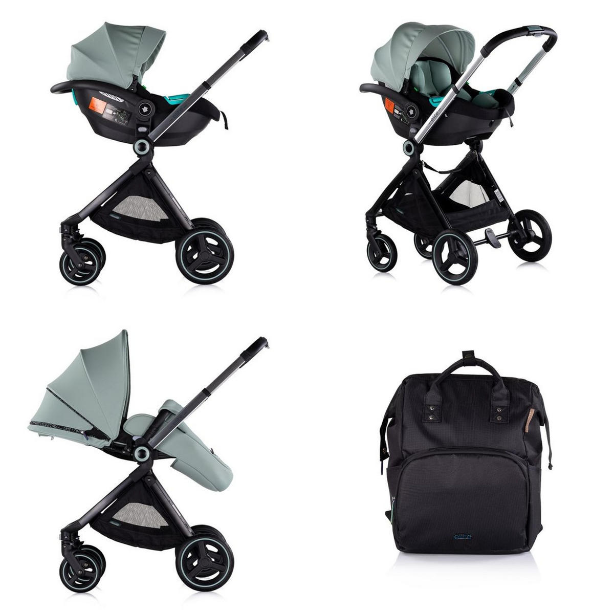 KINDERWAGEN Elite 3 in 1 hellgrün i-Size Babyschale Sportsitz Babywanne Tasche - Hellgrün/Grün, Metall (75/58/111cm) - Chipolino