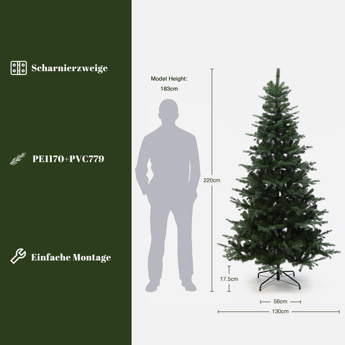 KÜNSTLICHER Weihnachtsbaum 220 cm, 1949 PE/PVC Zweige - Grün, Kunststoff (220cm) - Hometopia