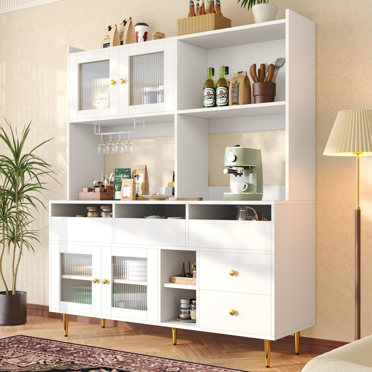 SIDEBOARD 145/39/171 cm Weiß aus MDF mit Changhong-Glas und Weinregal - Weiß, Holzwerkstoff (39/171/145cm) - OKWISH