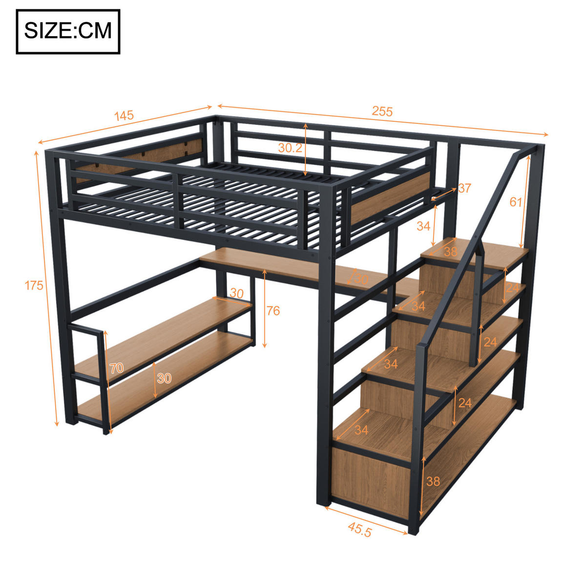 HOCHBETT 140/200 cm Schwarz aus Metall und MDF mit Regalen und Tisch - Schwarz, Metall (140/200cm) - OKMYHOME