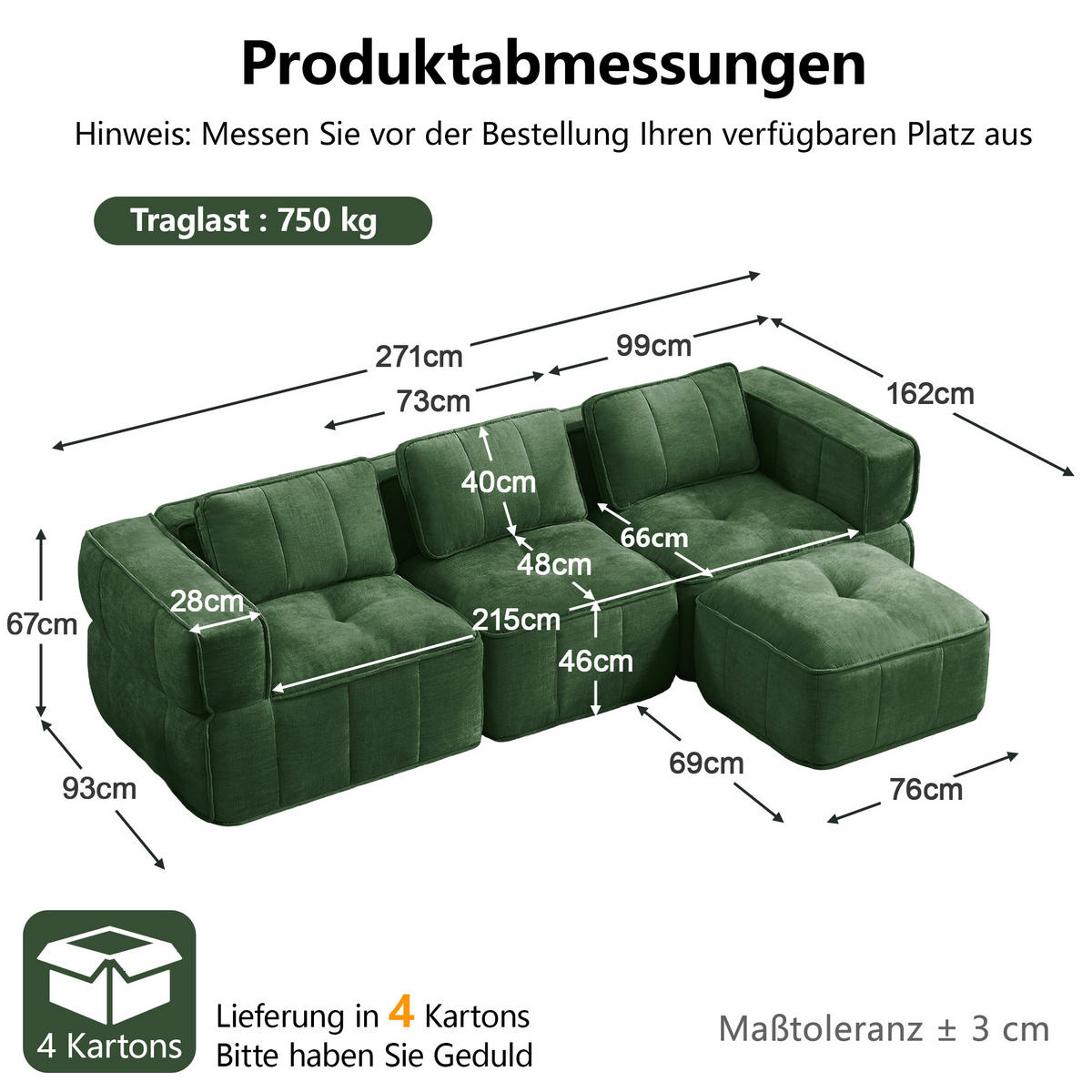 ECKSOFA 271/162/67 cm Grün mit 1 Fußhocker - Grün, Textil (271/162cm) - Oxeza
