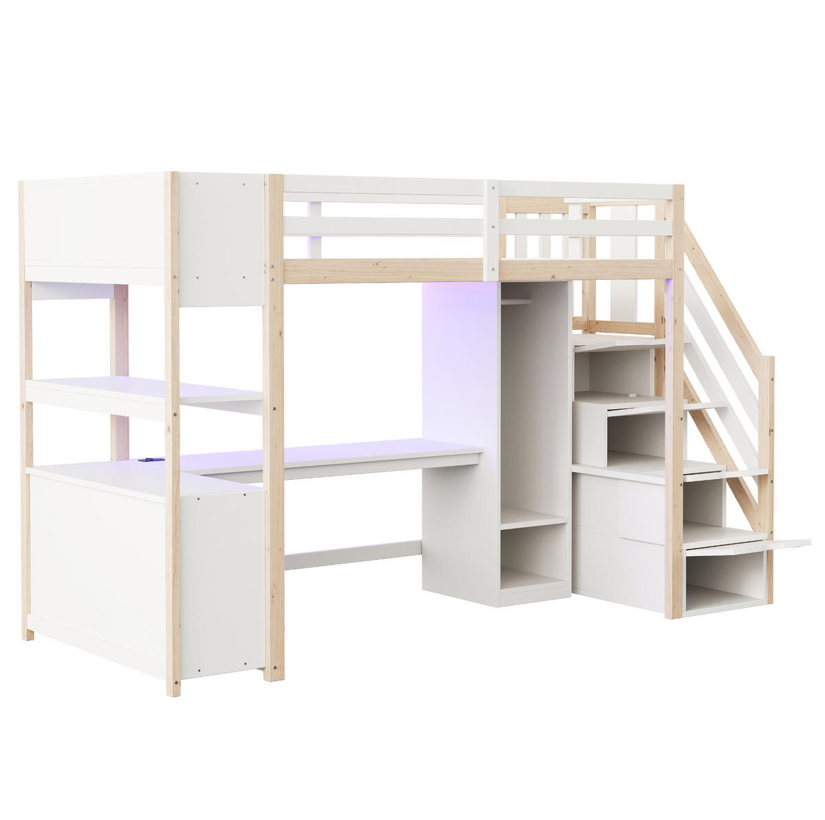 VISOKA postelja 90/200 cm bela in naravna z omaro, pisalno mizo in LED-osvetlitvijo iz masivnega lesa in MDF - bela, leseni material (90/200cm) - OKWISH