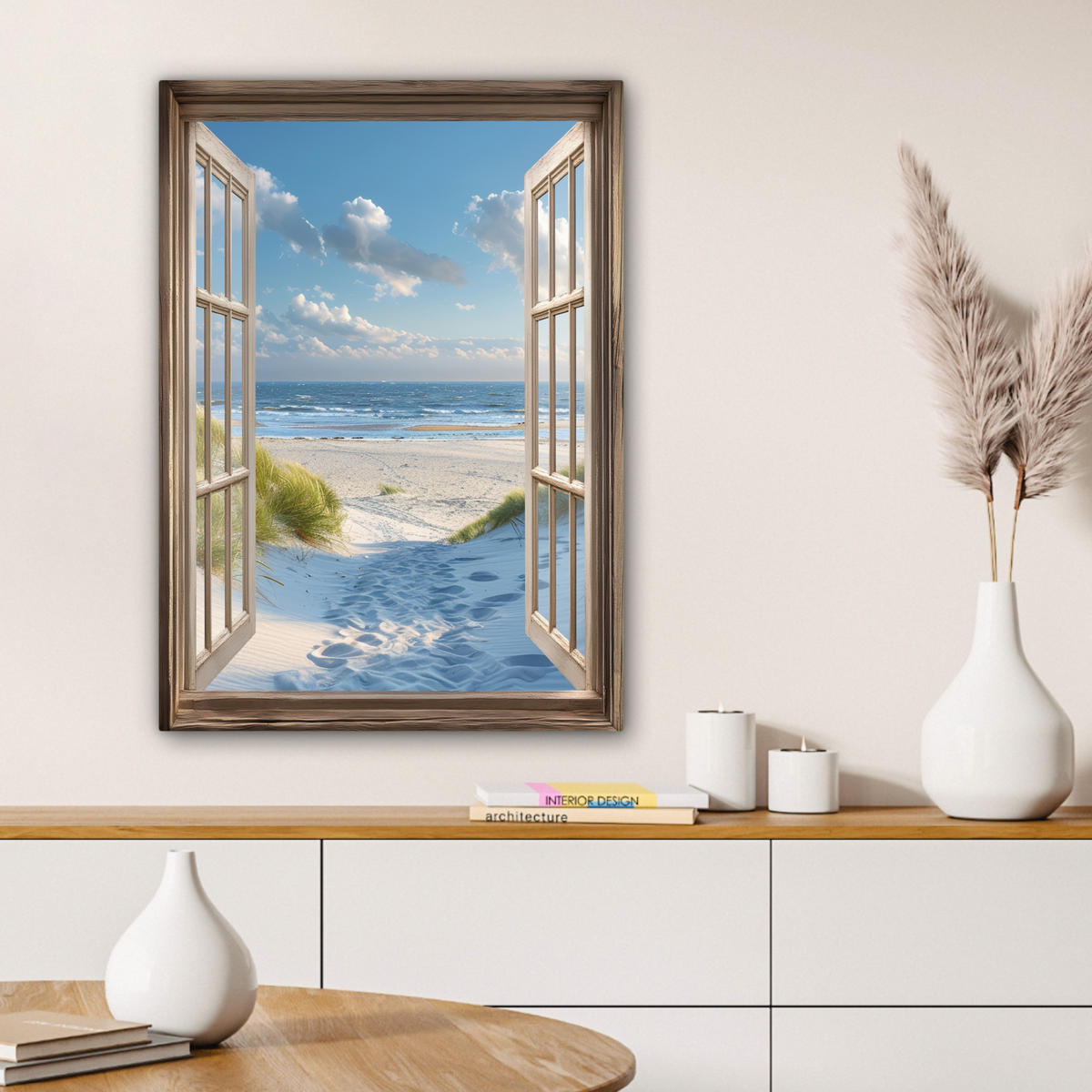 LEINWANDBILD Aussicht - Strand - Fenster - Dünen - Meer 60x80 cm - Hellblau, Textil (60/80cm) - MuchoWow