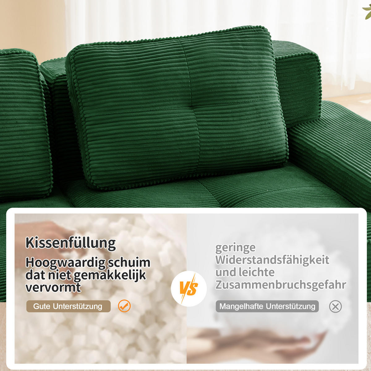 MODULÁRNÍ pohovka z manšestru 293x104x69 cm zelená s hlubokým sedem, bez montáže a s pet-friendly povrchem - zelená barva, textil (104/69/293cm) - Modfu
