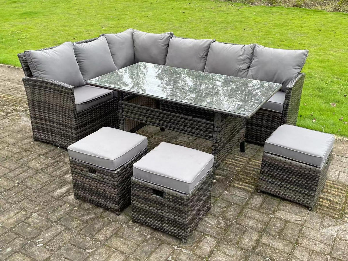 GARTENMÖBELSET Polyrattan Dunkelgrau 6-Sitzer - Dunkelgrau/Grau, Glas/Kunststoff - Fimous