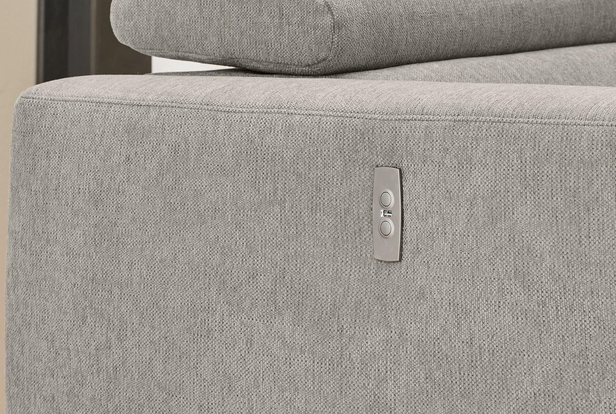 ECKSOFA mit elektrischer Sitztiefenverstellung, Kopflehnen verstellbar, USB-Ladefunktion, Bettkasten B300/T196/H103 cm, Chenille Grau / 15408 - Schwarz/Grau, Kunststoff/Textil (300/196cm) - luma-home