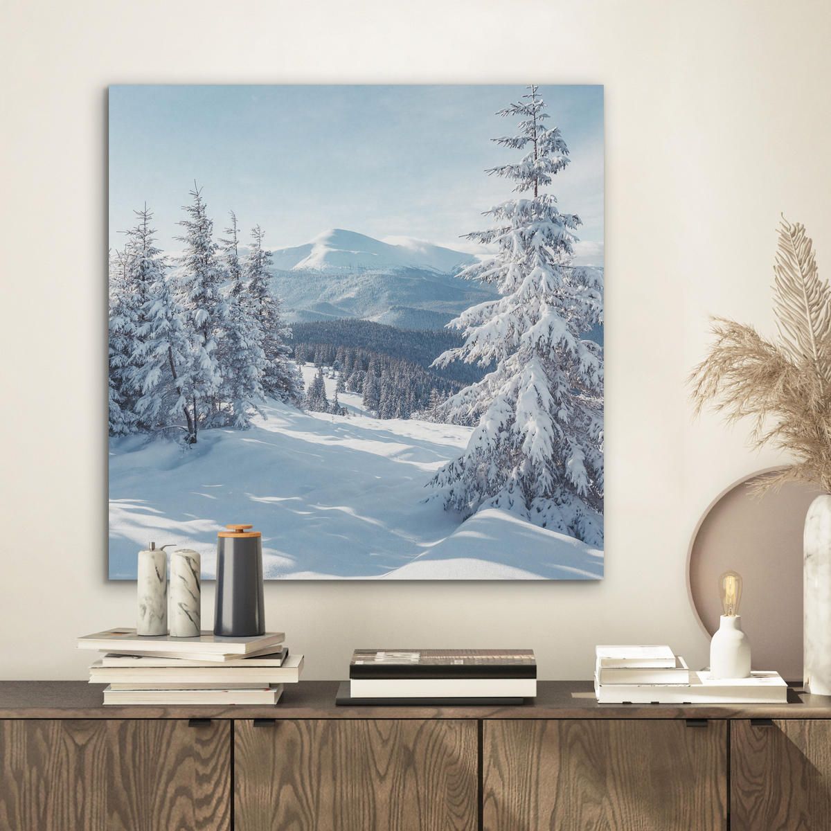 AKUSTIKBILD Winterlandschaft - Natur - Berge - Bäume - Schnee Wandbilder 60x60 cm - Hellblau, Kunststoff (60/60/0.9cm) - MuchoWow