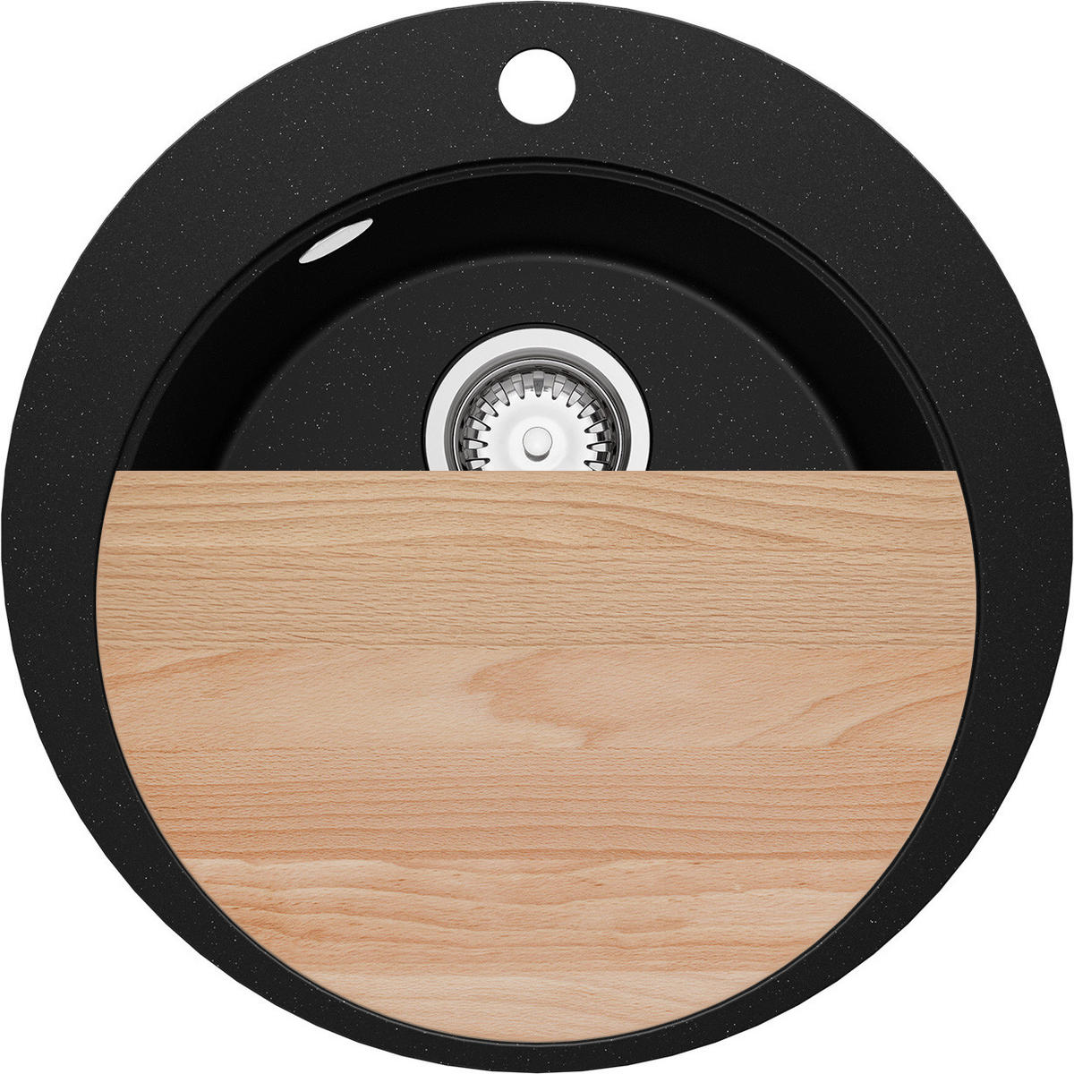 SPÜLBECKEN RUND Pisa, 2-er set Schwarz Metallic 50/50 cm 1 Becken + Ablauf-Set + Schneidebrett ab 45er Unterschrank - Chromfarben/Schwarz Hochglanz, Kunststoff (50/20/50cm) - Primagran