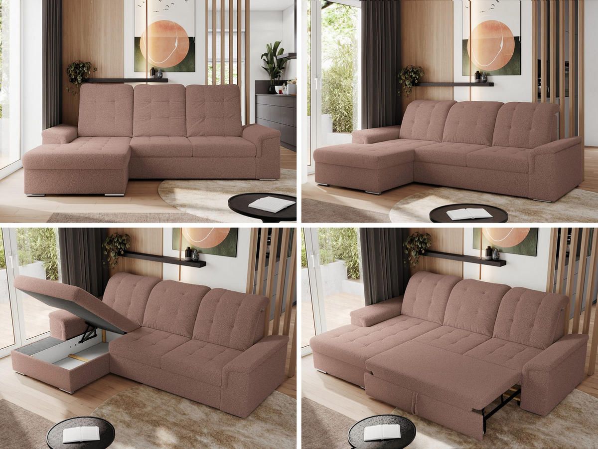 ECKSOFA MADRITO L - Rosa Boucle - Links - Silberfarben/Rosa, Textil/Metall (160/256cm)
