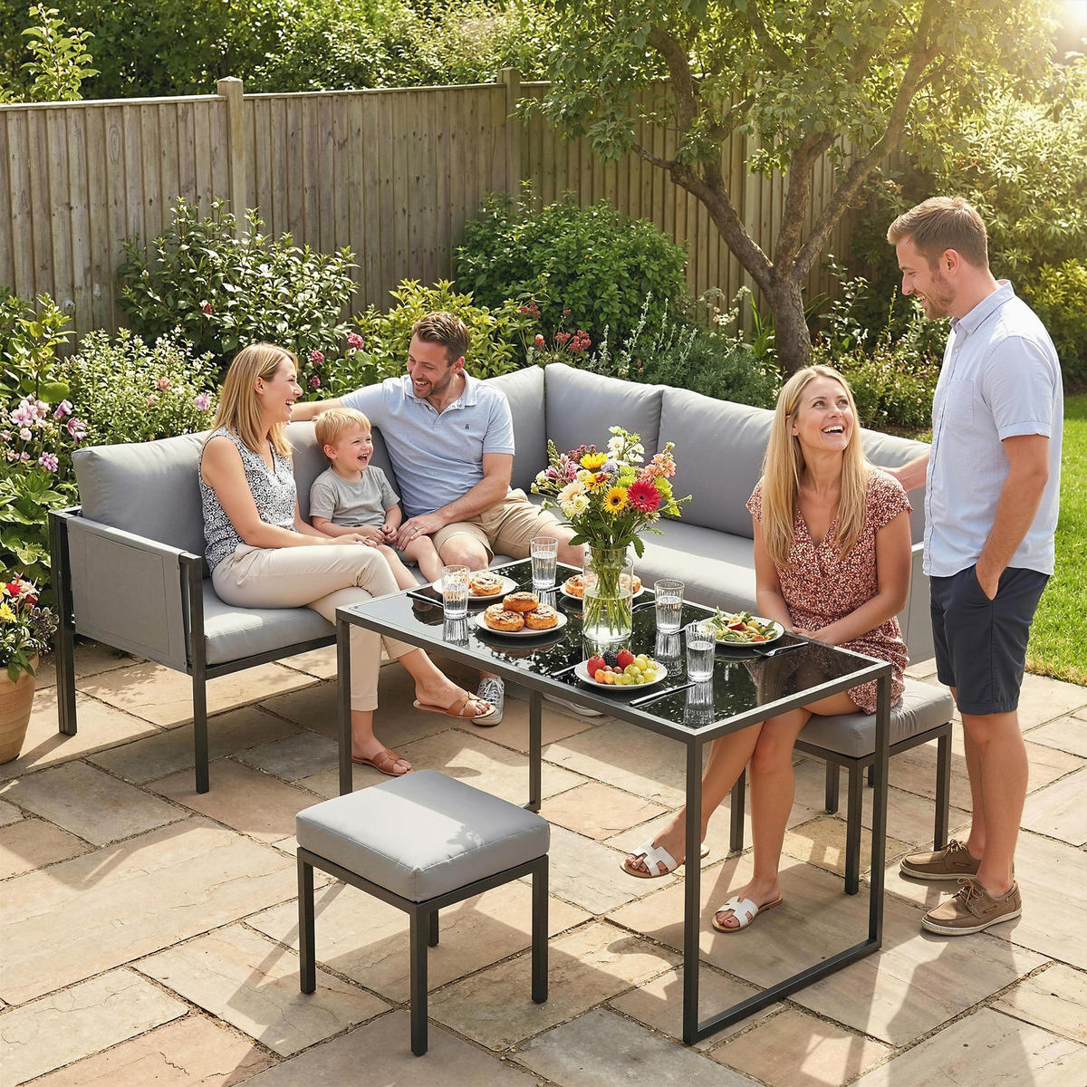 GARTENSET DE-13519 6-teilig mit Tisch & 2 Hockern Grau - Grau, Metall - ComfortXL